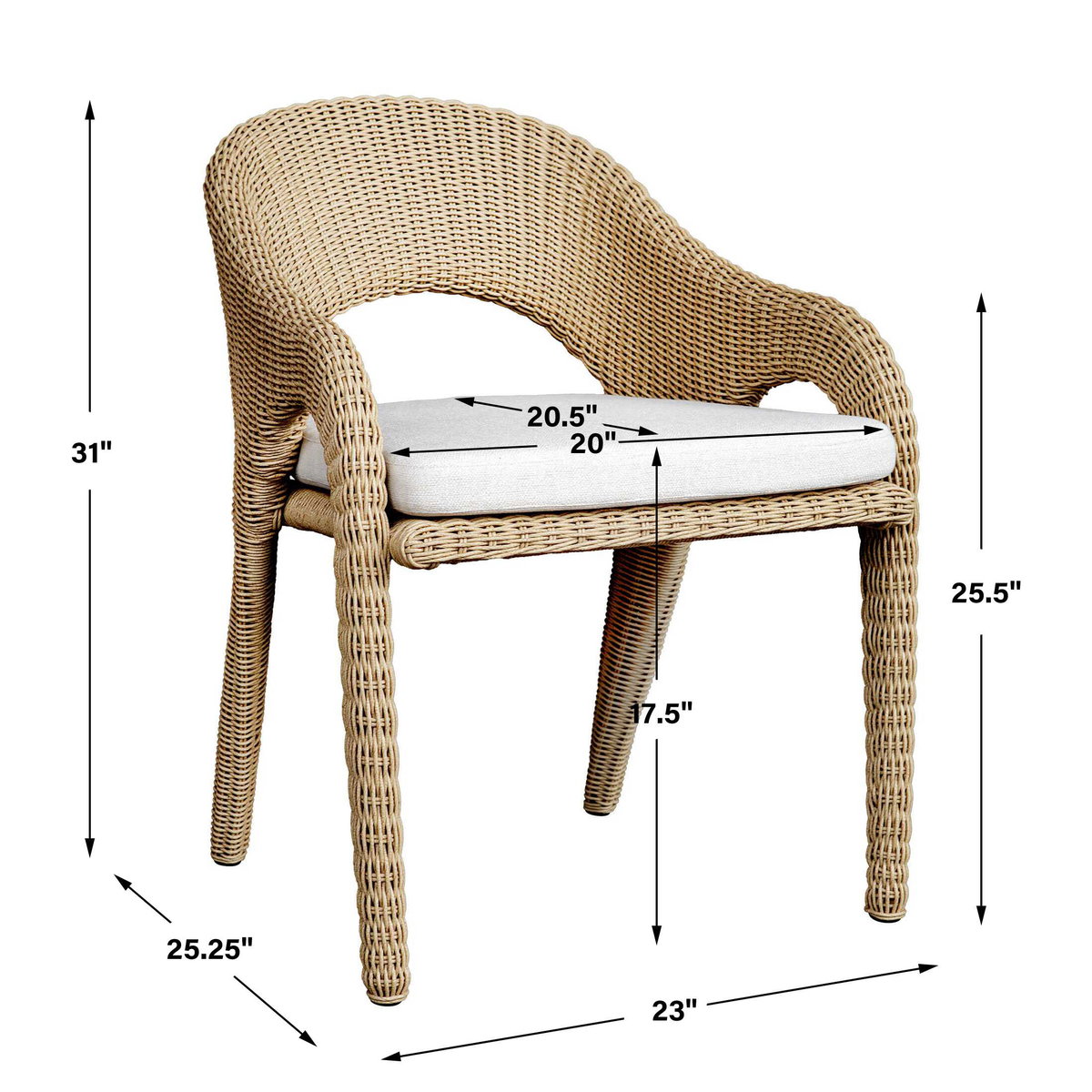 Kavali Outdoor Wicker Dining Armchair, Outdoor Chair by Uttermost, 1'11.5" width x 2'8" height x 2'1.25" depth View 3