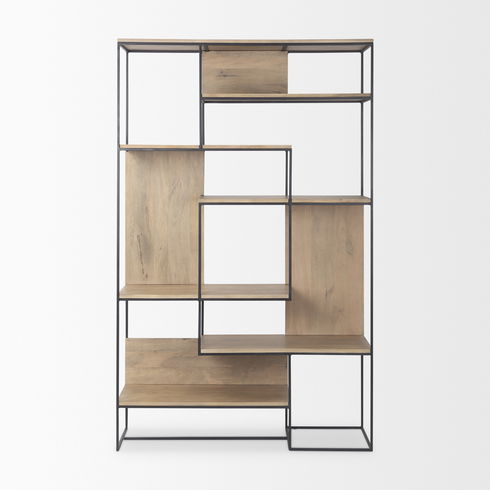 Morris 47.0L x 15.0W x 75.0H Light Brown Wood with Black Metal Frame 6-Tier Shelving Unit