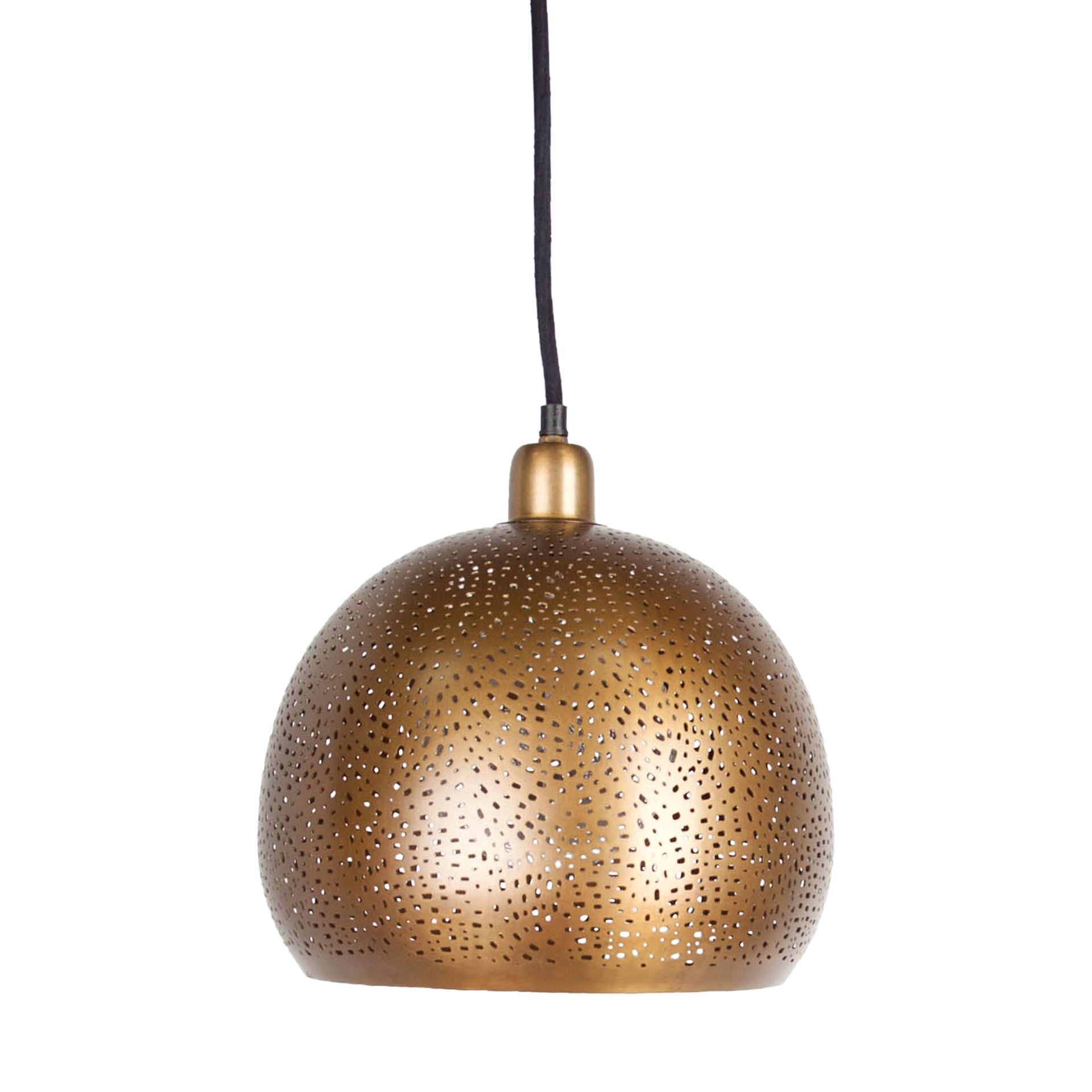 Dalmeny II 11x12 Gold Perforated Metal Dome Pendant Light, by Mercana, 11" length x 11" width x 12" height View 1