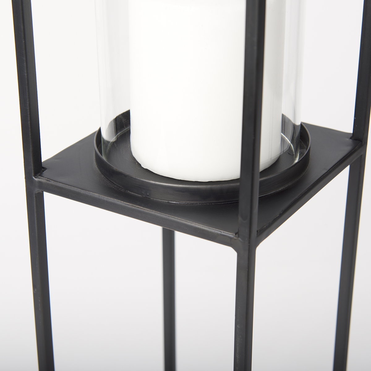 Cindy Set of 2 Matte Black Metal and Hurricane Glass Pillar Tabletop Candle Holders, Candles & Candle Holder by Mercana, 5.91" length x 5.91" width x 23.03" height View 6