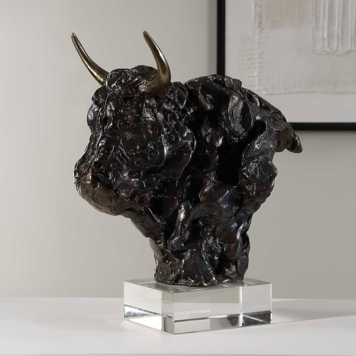 Bison Bust Bronze Sculpture, Decorative by Uttermost, 11" width x 13.25" height x 8" depth View 6