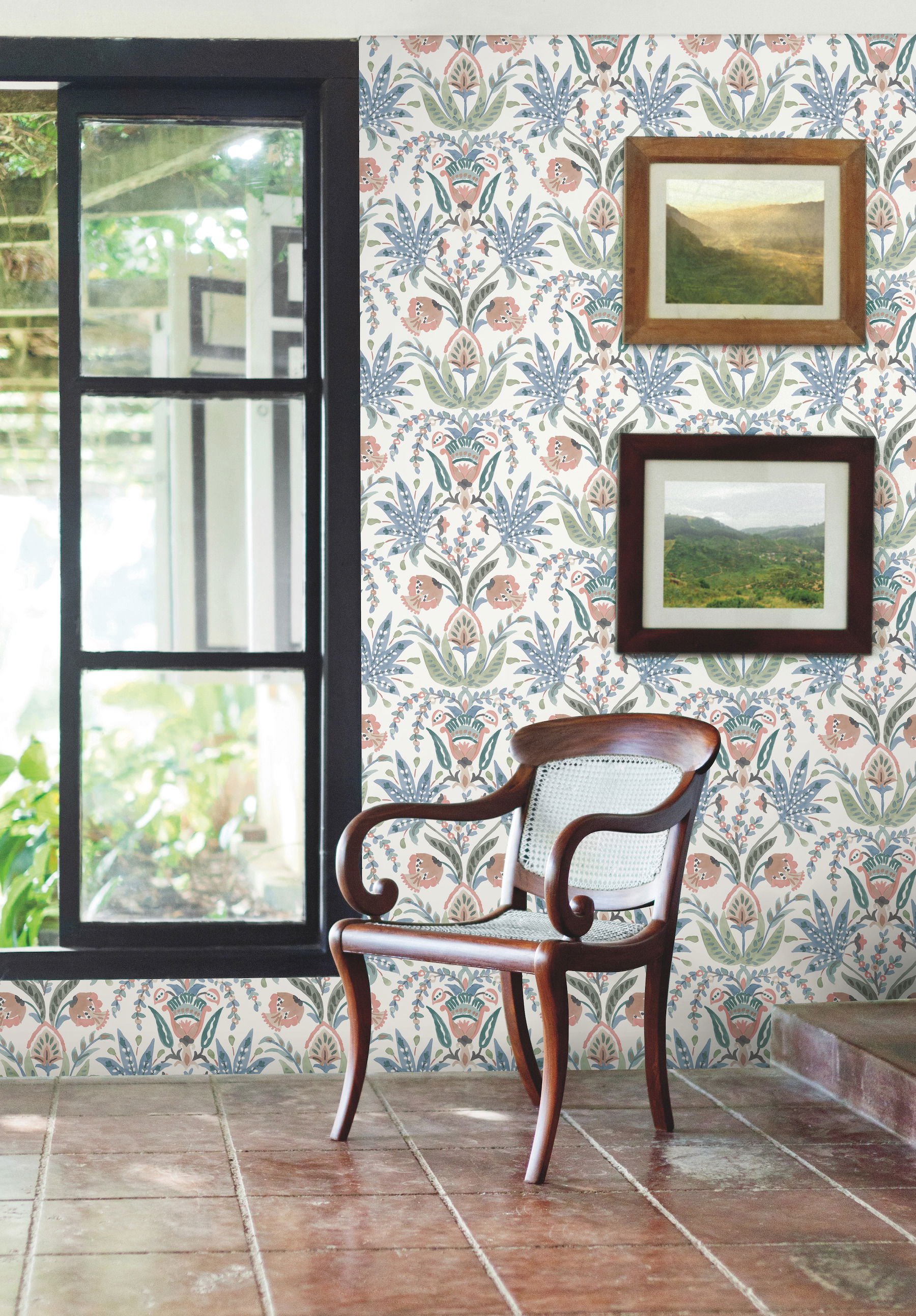 Seaside Jacobean Pink & Blue Wallpaper large image 