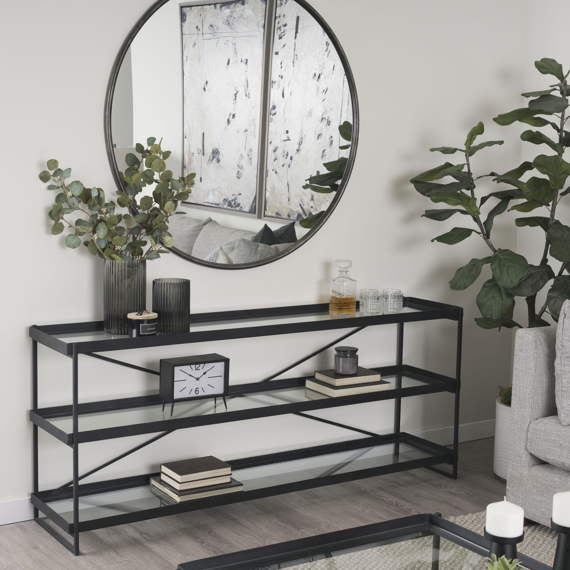 Trey 72.0'L x 16.0'W x 30.0'H Black Metal with Glass Console Table, by Mercana, 72" length x 16.25" width x 30" height View 3