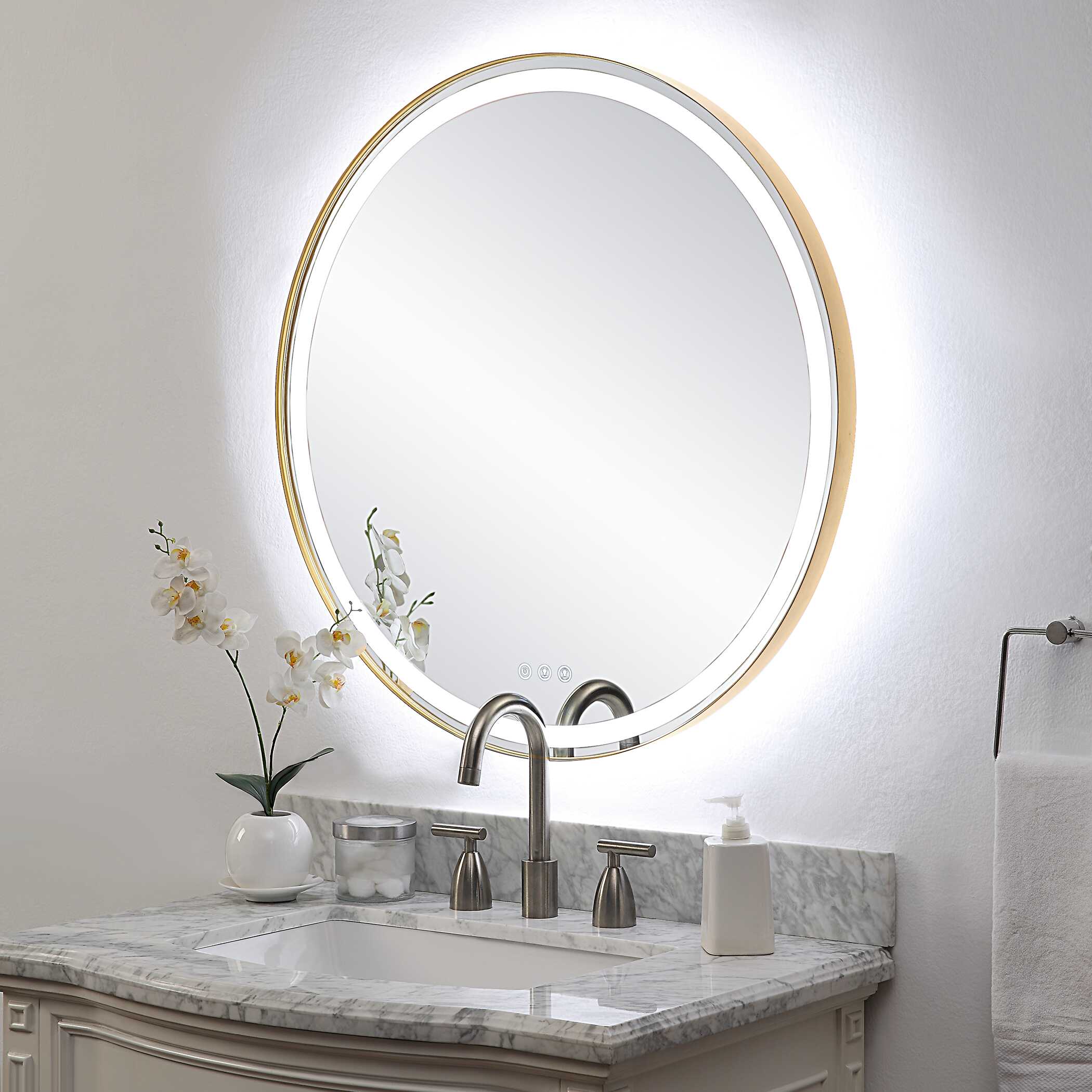 Crofton Lighted Brass Round Mirror large image 
