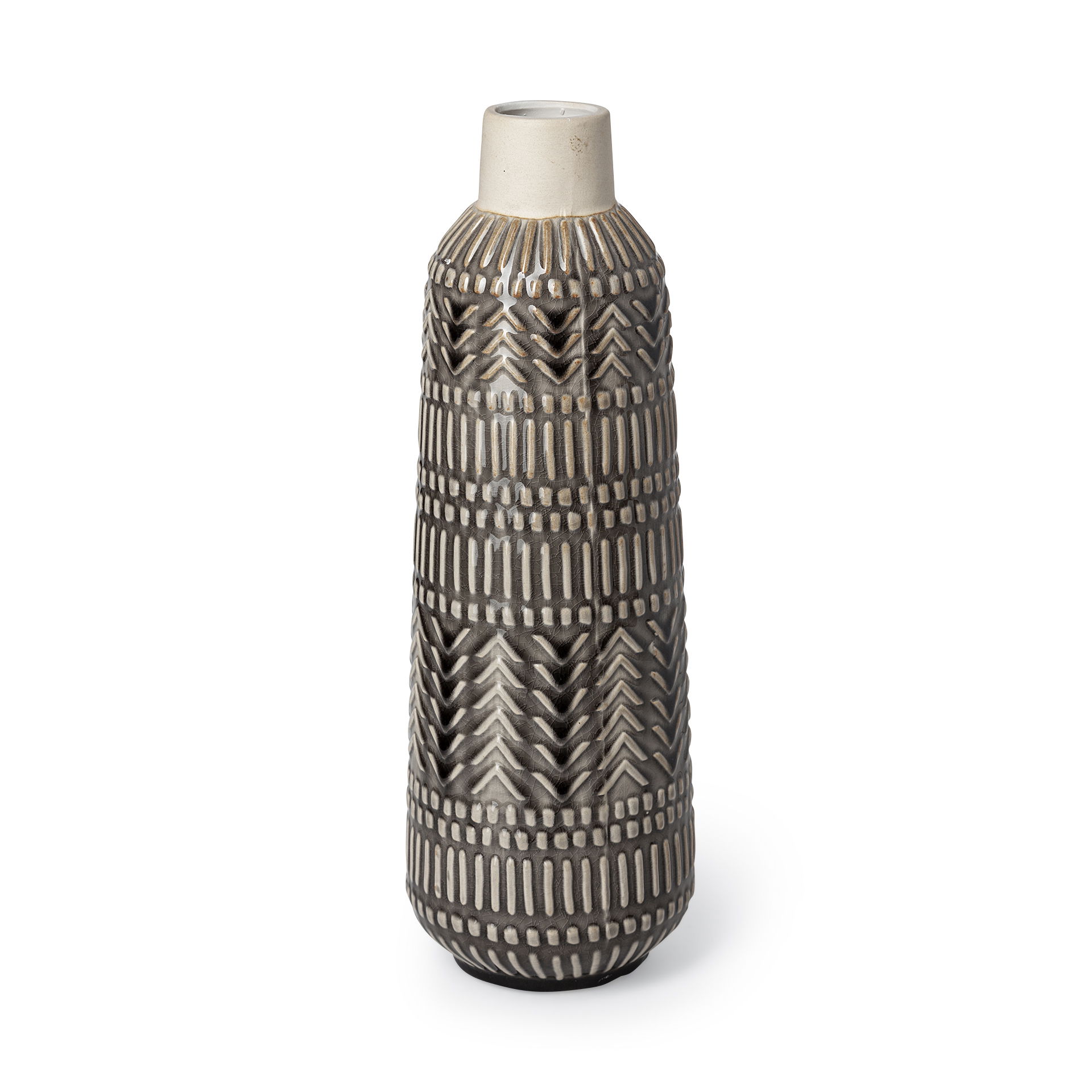 Riker III Large Dark Gray Cream Ceramic Vase, by Mercana, 5.12" length x 5.12" width x 14.17" height View 1
