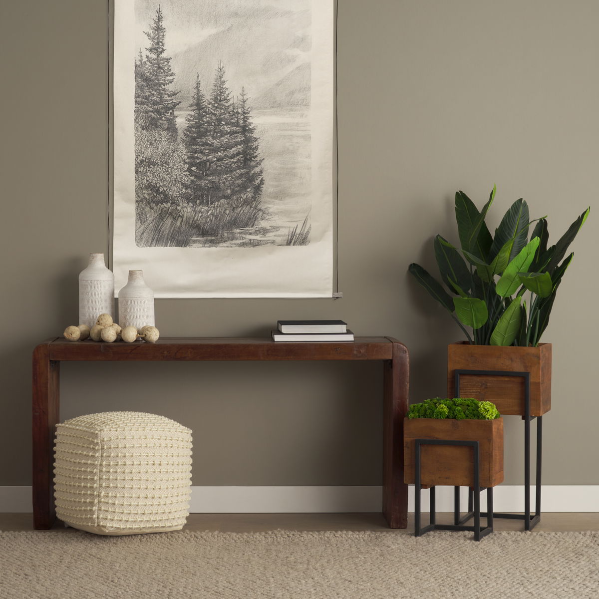 Jadine Set of 2 Medium Brown Wood with Black Metal Rectangle Frames, Planter by Mercana, 15" length x 12" width x 30" height View 2