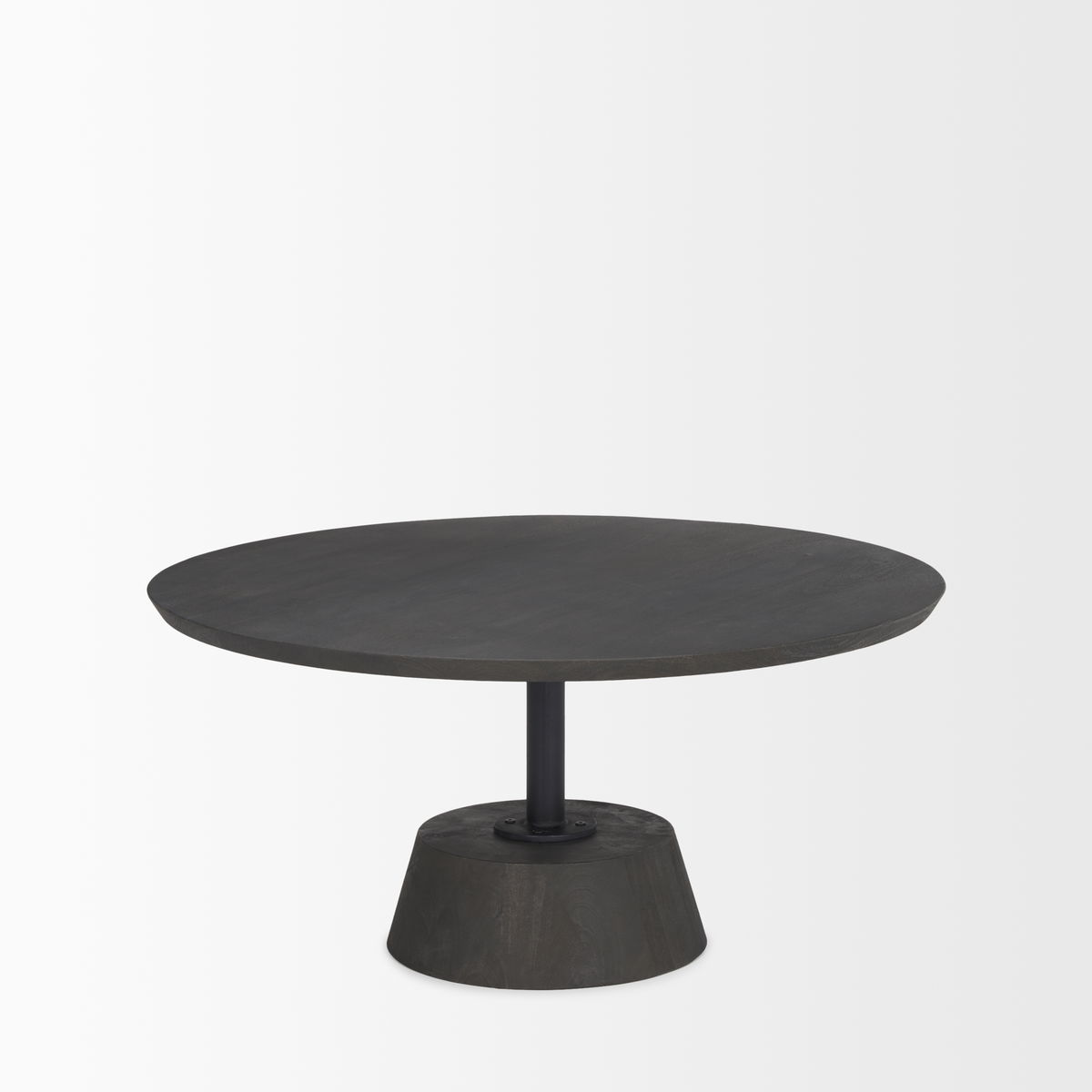 Maxwell 34' Dark Brown Wood with Black Metal Pedestal Base Round Coffee Table, by Mercana, 34" length x 34" width x 16" height View 5