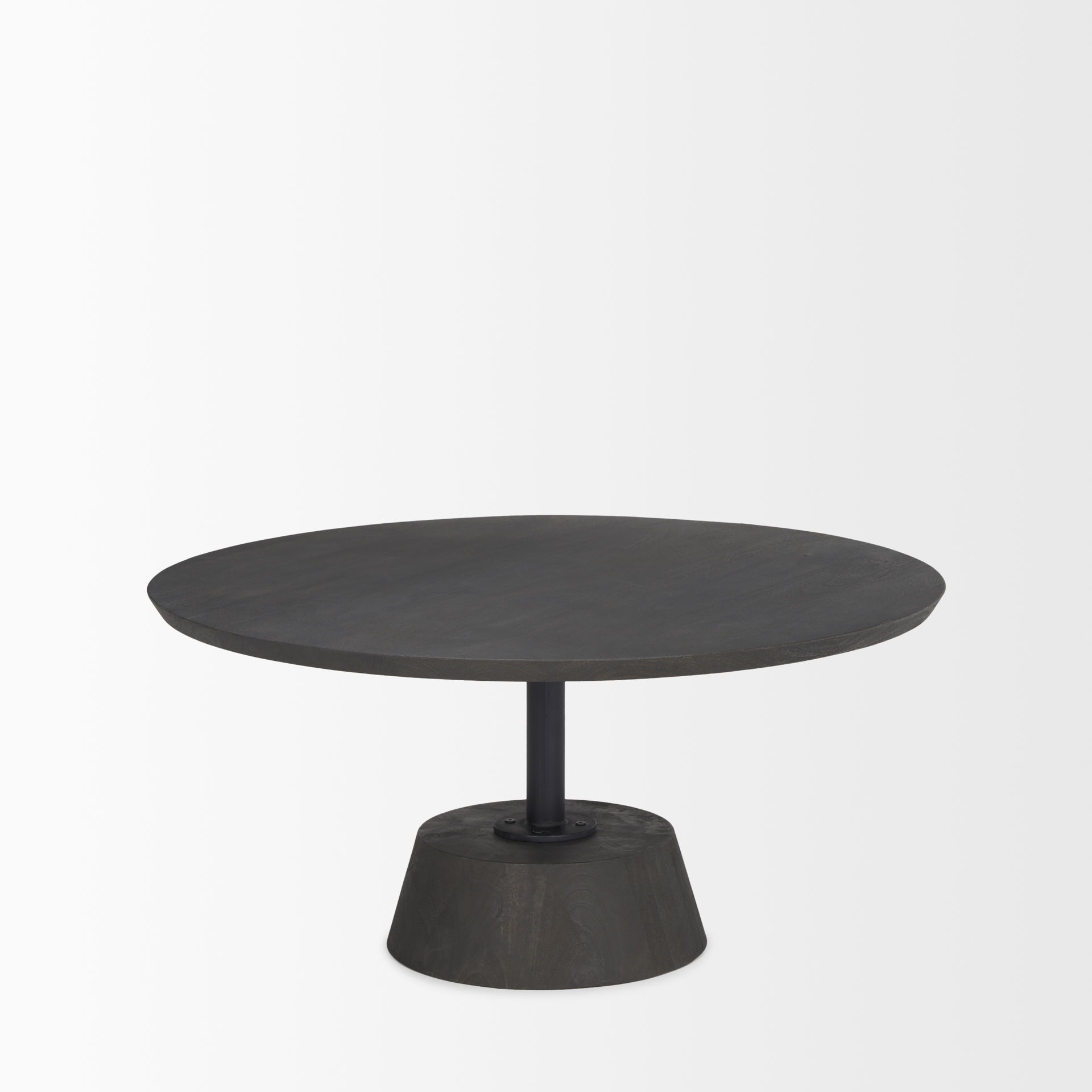 Maxwell 34L x 34W x 16H Dark Brown Wood with Black Metal Pedestal Base Round Coffee Table, by Mercana, 34" length x 34" width x 16" height View 5