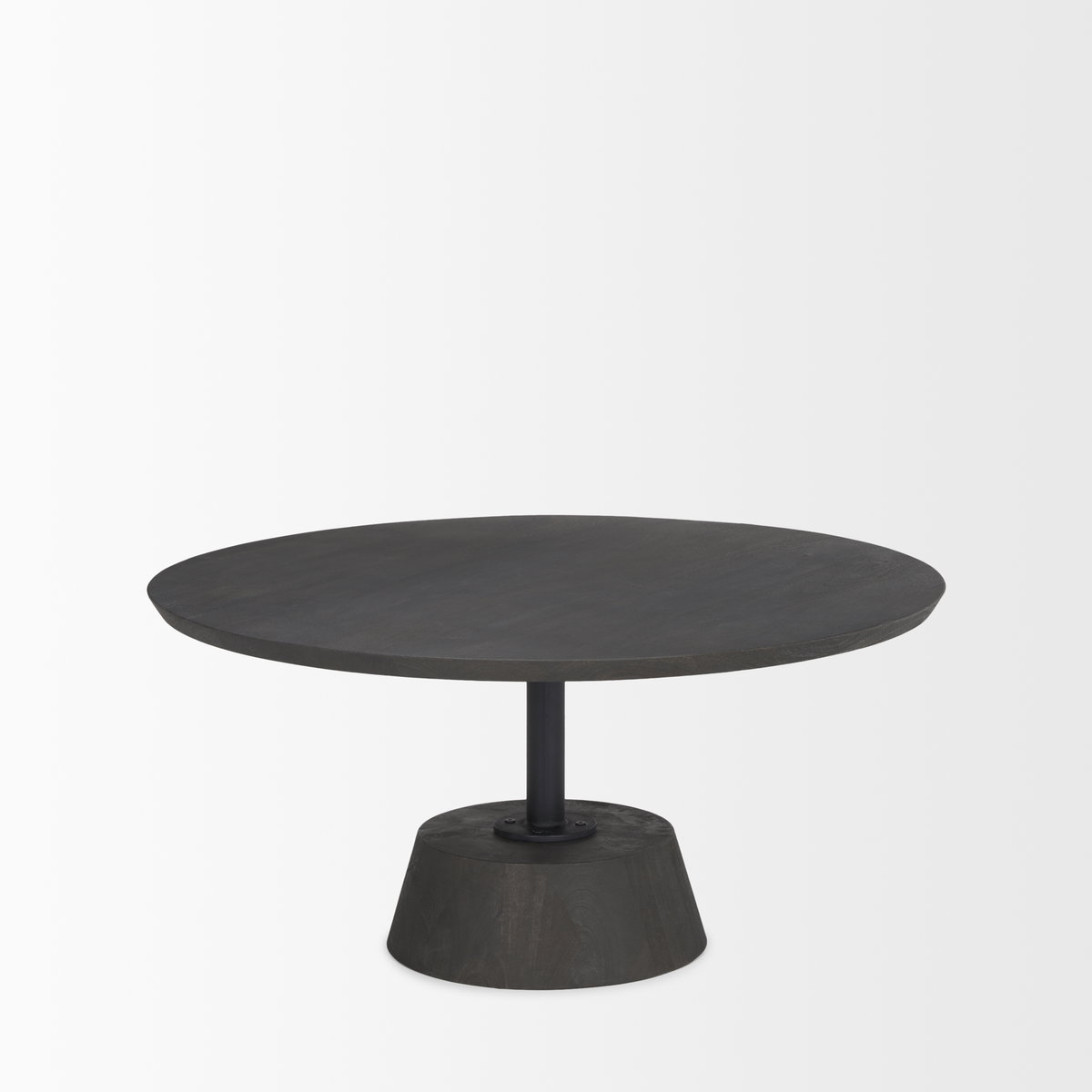 Maxwell 34L x 34W x 16H Dark Brown Wood with Black Metal Pedestal Base Round Coffee Table, by Mercana, 34" length x 34" width x 16" height View 5