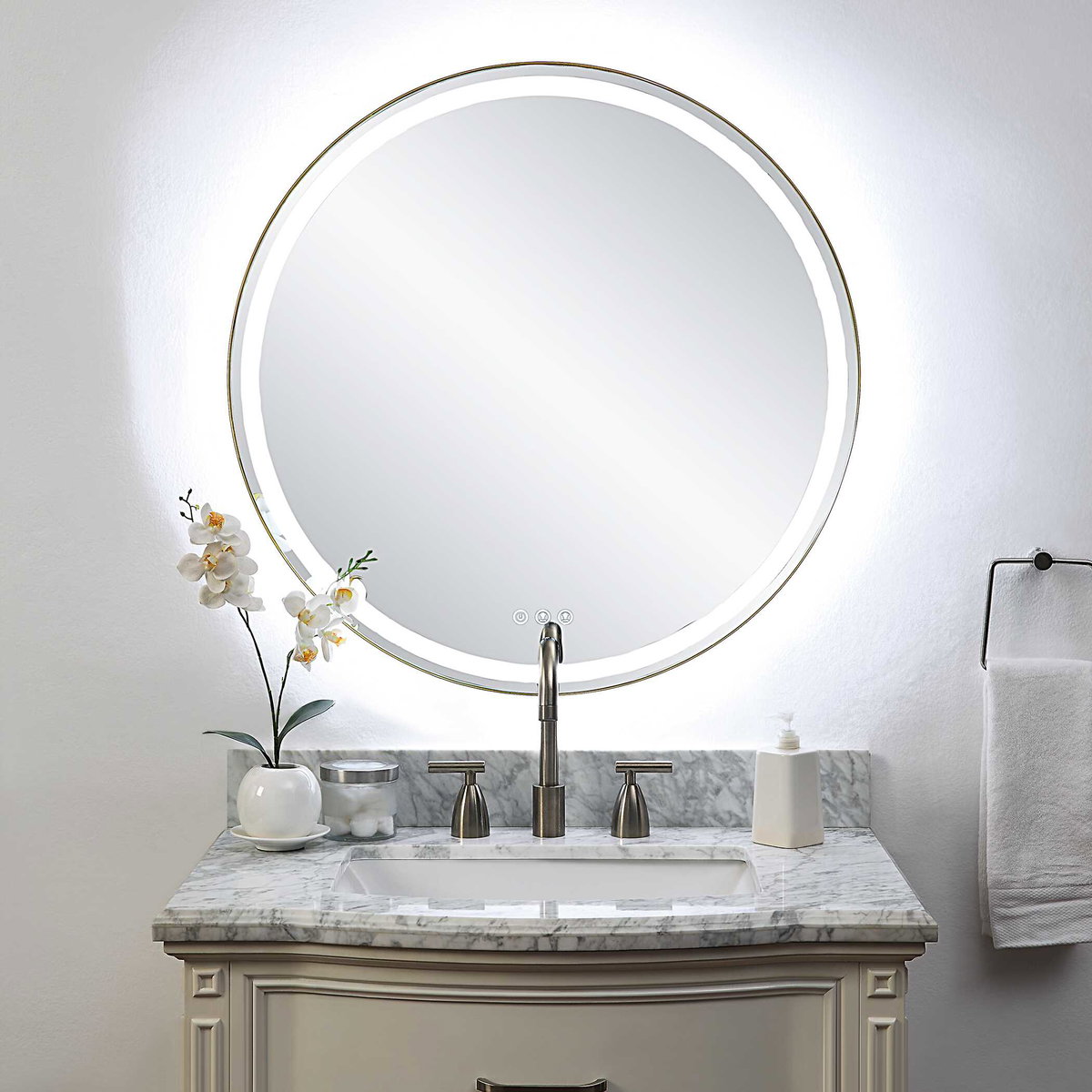 Crofton Lighted Brass Round Mirror, by Uttermost, 2'8" width x 2'8" height x 2.12" depth View 4