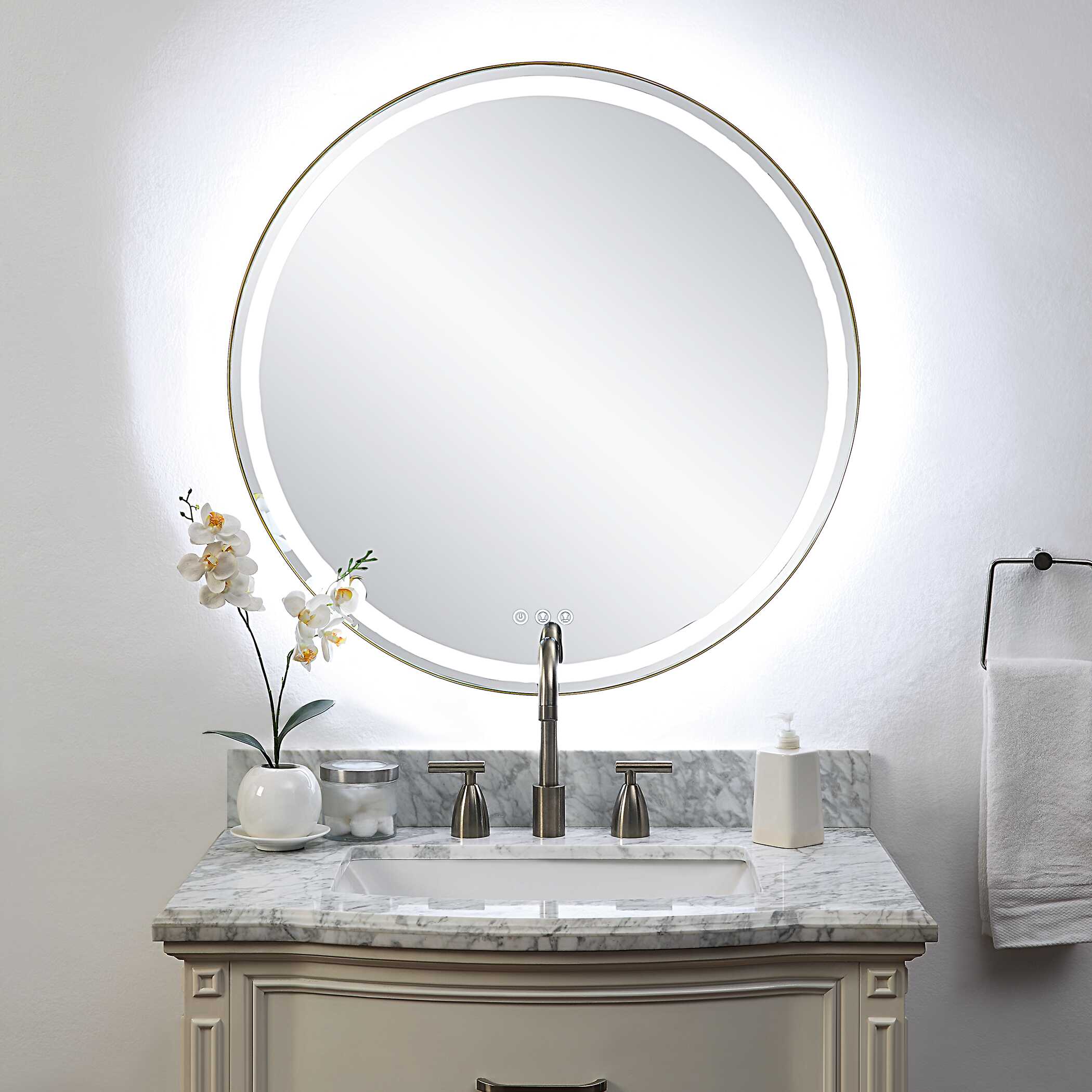 Crofton Lighted Brass Round Mirror, by Uttermost, 32" width x 32" height x 2.12" depth View 4