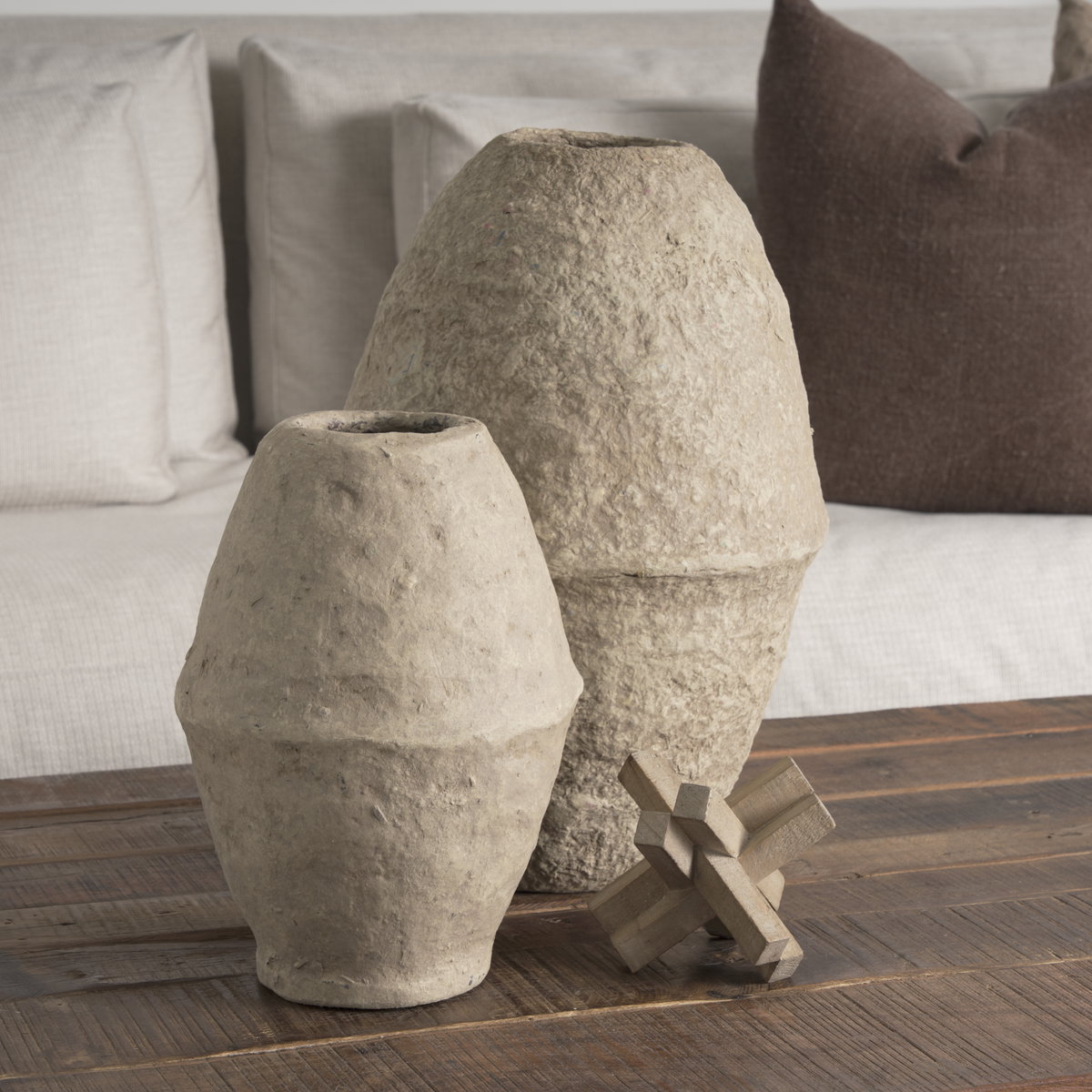 Rundal Large Beige Paper Mache Vase, by Mercana, 12" length x 12" width x 18" height View 3