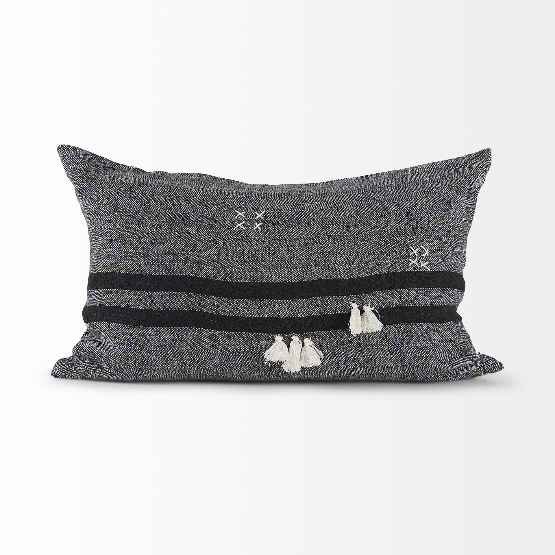 Sibyl 13L x 21W Black Fabric Striped and White Fringed Decorative Pillow Cover large image 