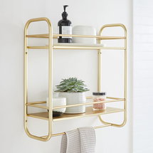 Online Designer Bathroom Deco Curve Metal Wall Shelf, Double, Antique Brass, Metal, 20"x22"
