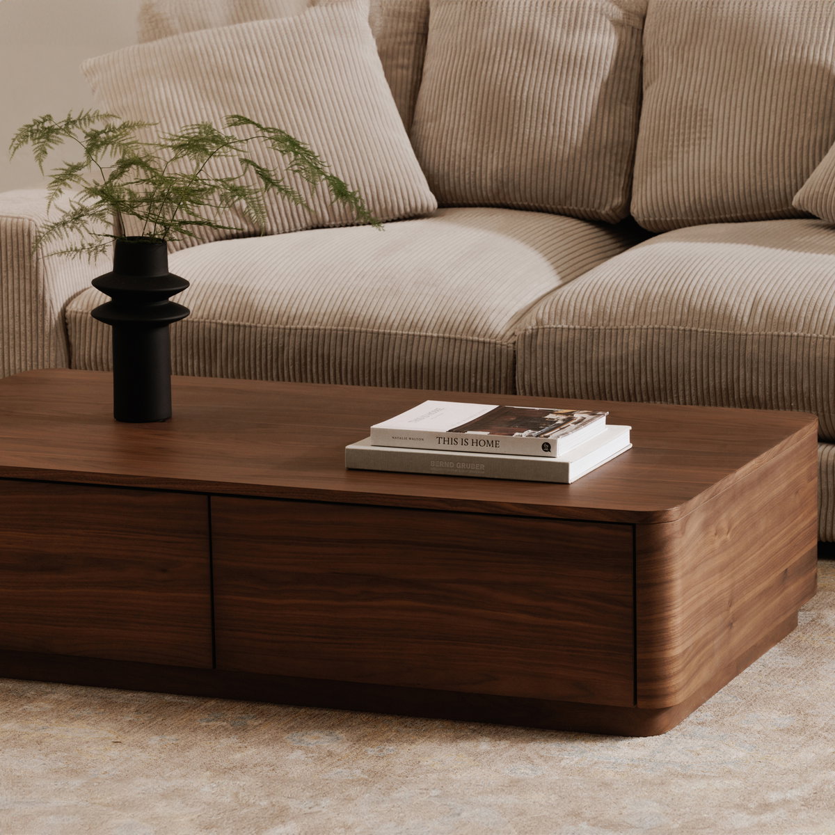 Round Off Coffee Table Walnut Brown, by Moe's Home, 55" width x 13" height x 30" depth View 9