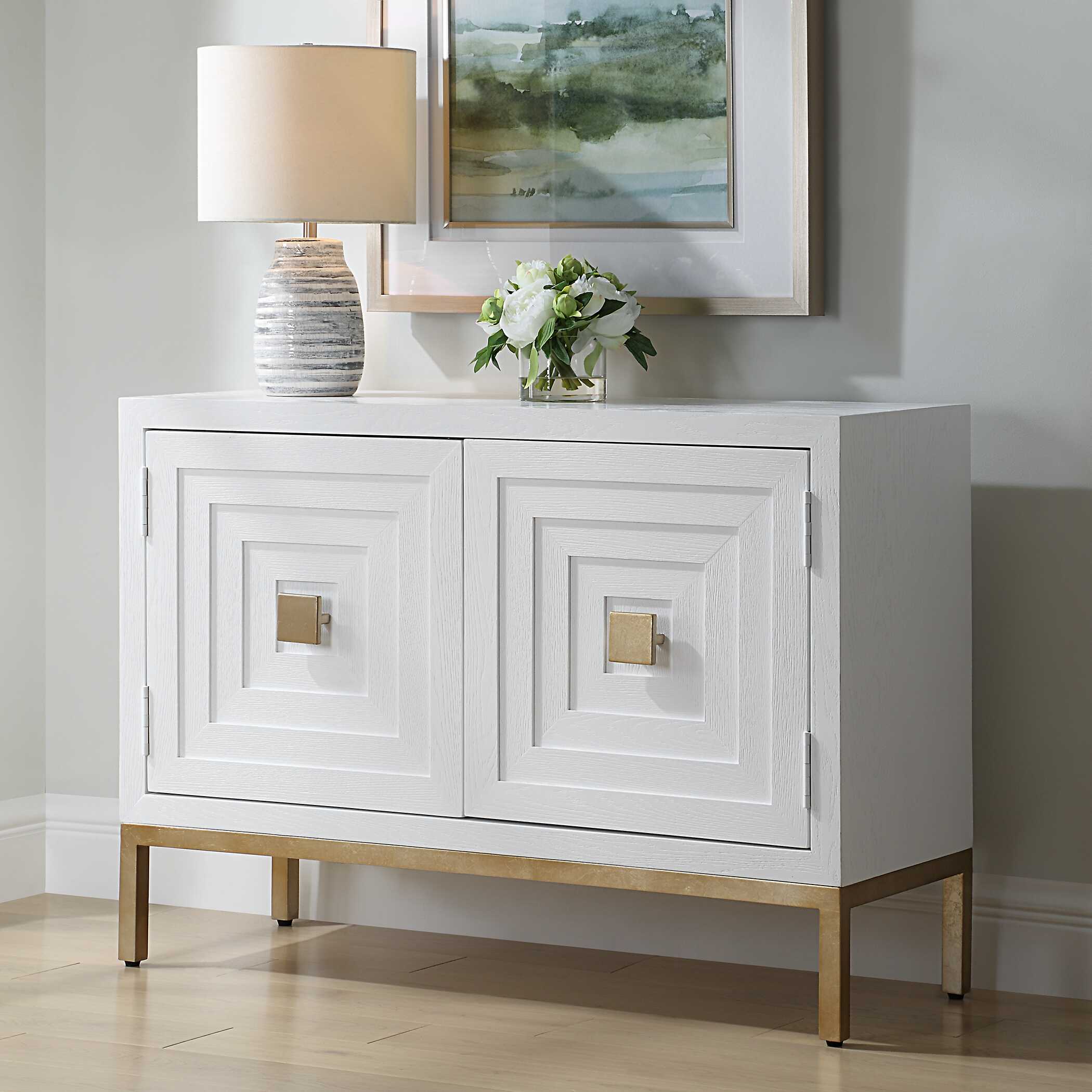 Aiken White 2 Door Cabinet, Furniture by Uttermost, 43.25" width x 31.12" height x 16" depth View 4