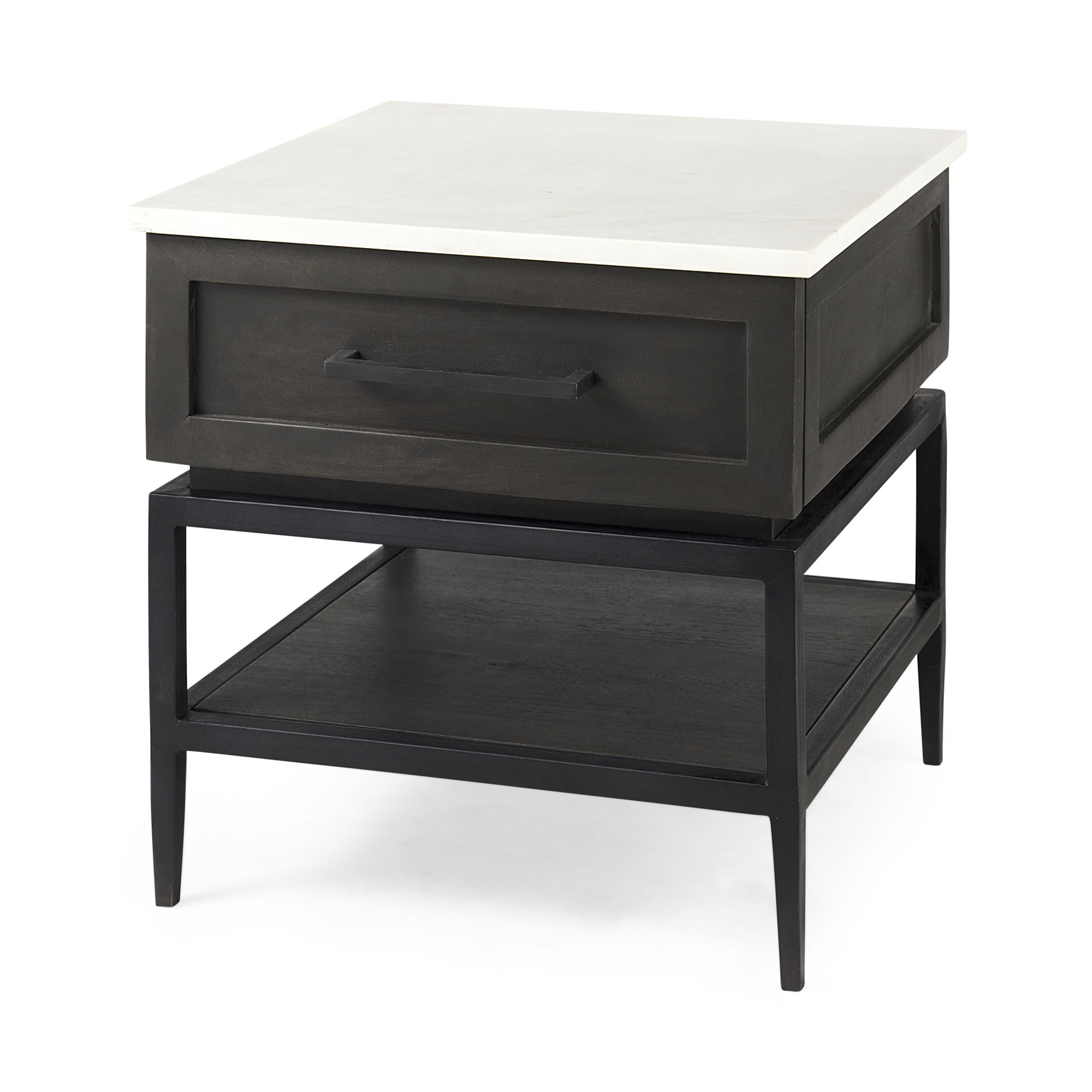 Divina Black-Brown Wood with White Marble Top and Black Metal Base 1 Drawer Side Table, Side & End Table by Mercana, 22" length x 22" width x 22" height View 1