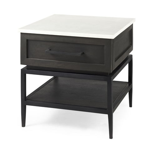 Divina Black-Brown Wood with White Marble Top and Black Metal Base 1 Drawer Side Table