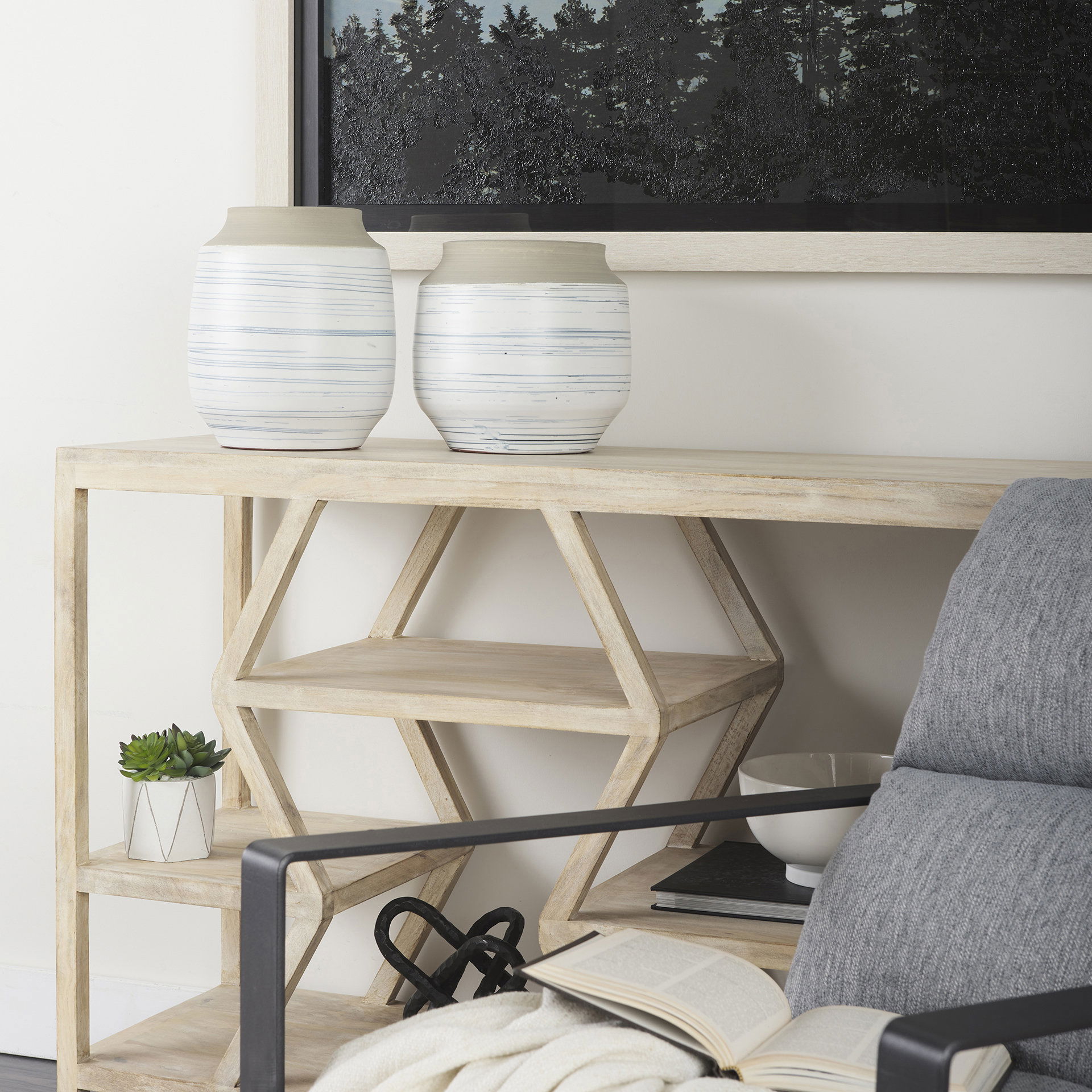 Sonnett Tall White/Blue Ceramic Vase, by Mercana, 9.06" length x 9.06" width x 10.24" height View 3