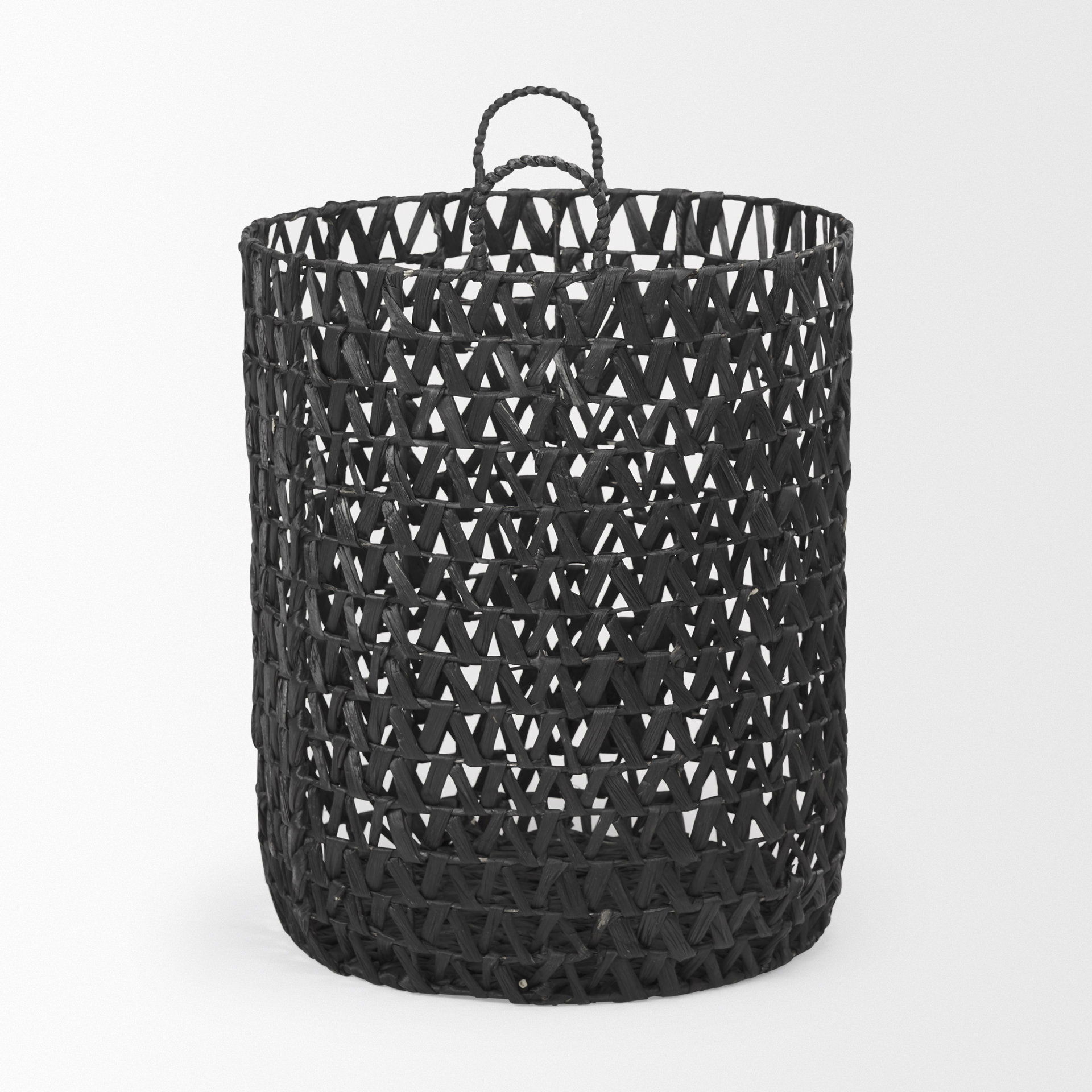 Lola 19.7L x 19.7W x 23.6 Set of 3 Black Water Hyacinth Zig Zag Weave Round Basket with Handles, Bins & Basket by Mercana, 19.69" length x 19.69" width x 23.62" height View 4