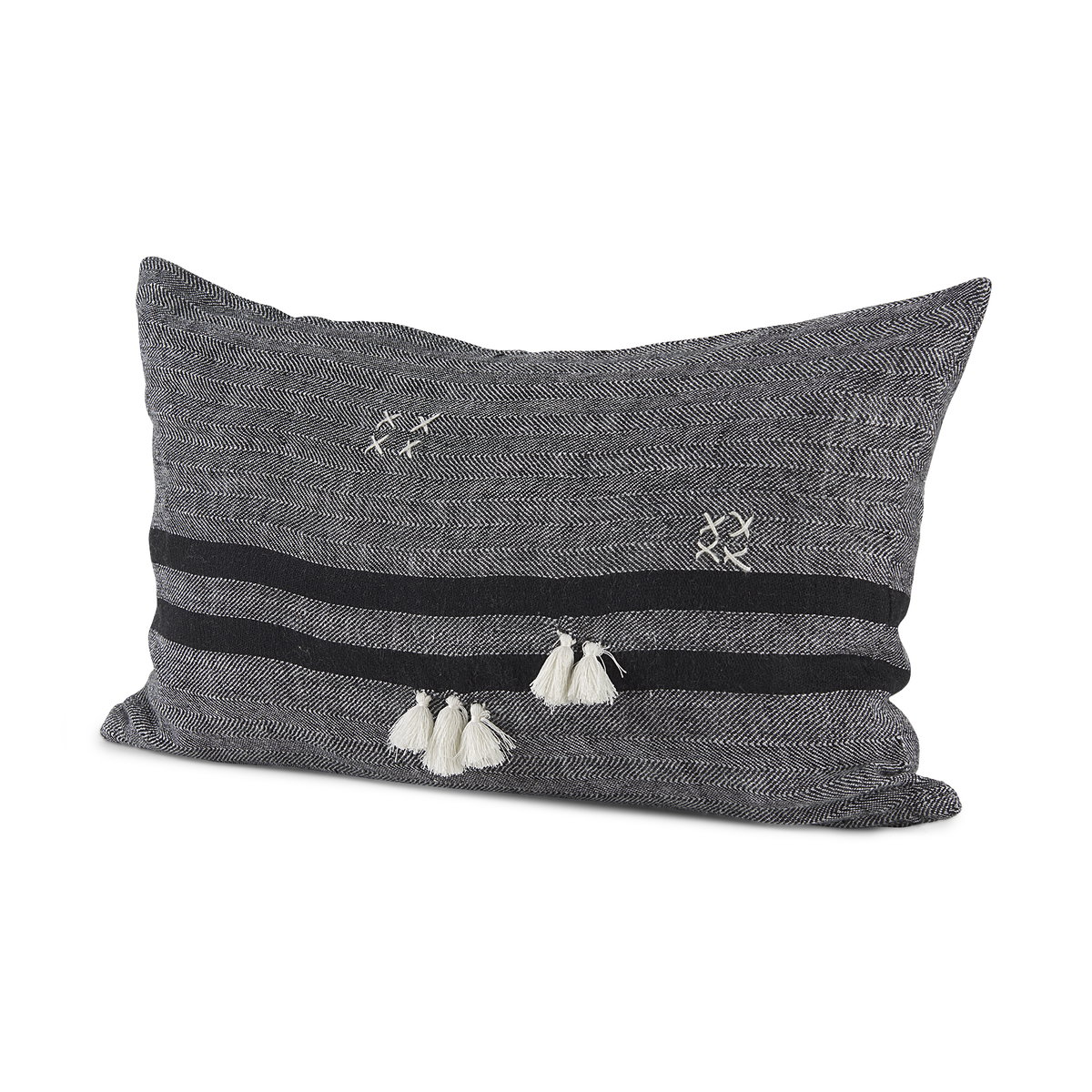 Sibyl 13x21 Black Fabric Striped and White Fringed Pillow Cover, Decorative Pillow by Mercana, 13" length x 21" width x 0.2" height View 1