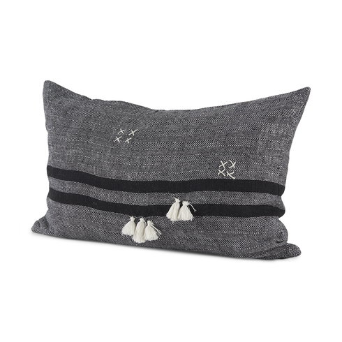 Sibyl 13x21 Black Fabric Striped and White Fringed Pillow Cover