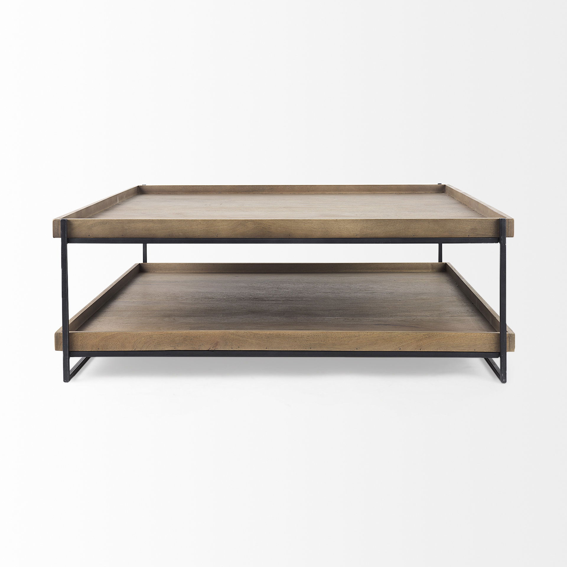 Trey 48x46 Rectangular Brown Solid Wood Top Table Black Metal Frame Two-Tier Coffee Table, by Mercana, 48" length x 46" width x 17" height View 4