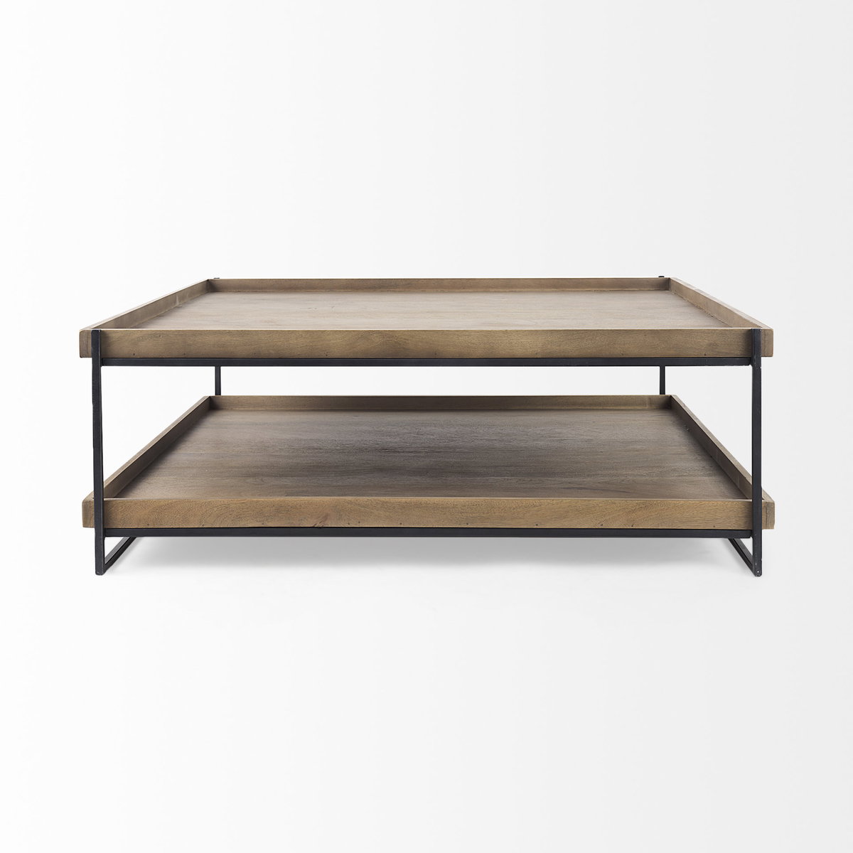 Trey 48x46 Rectangular Brown Solid Wood Top Table Black Metal Frame Two-Tier Coffee Table, by Mercana, 48" length x 46" width x 17" height View 4