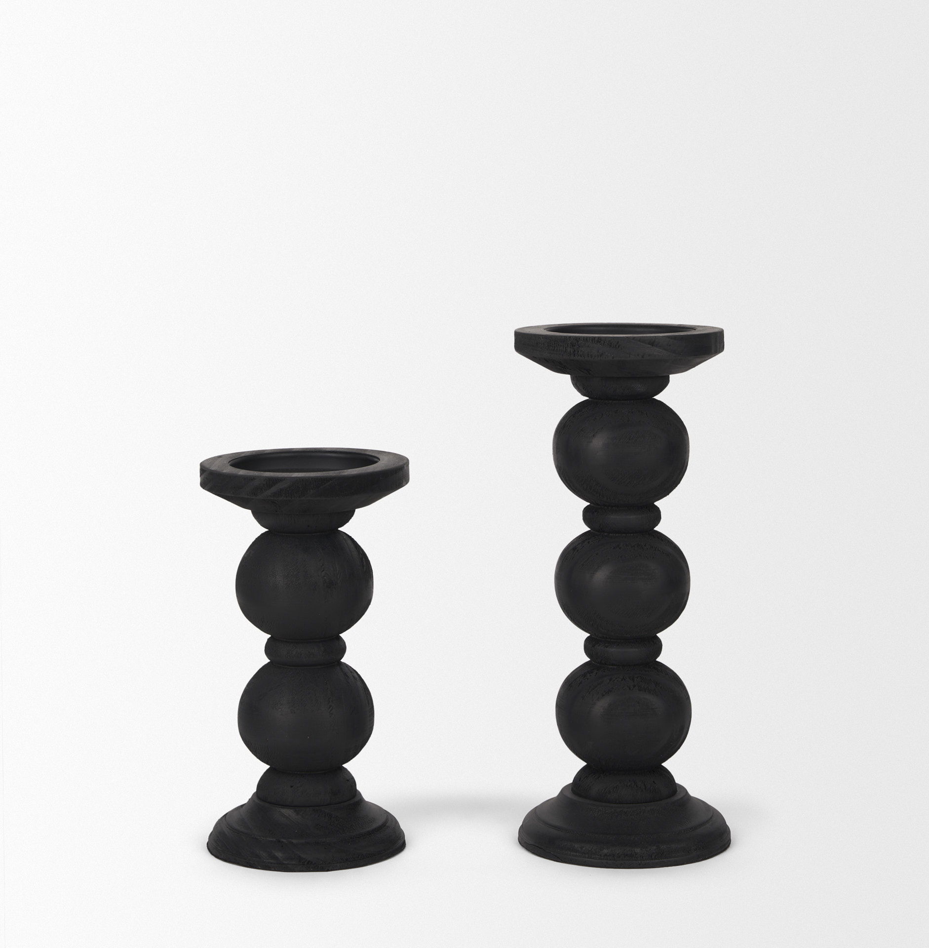 Wanda Matte Black Wood Pillar Candle Holders (Set of 2), Candles & Candle Holder by Mercana, 4.75" length x 4.75" width x 11.5" height View 6