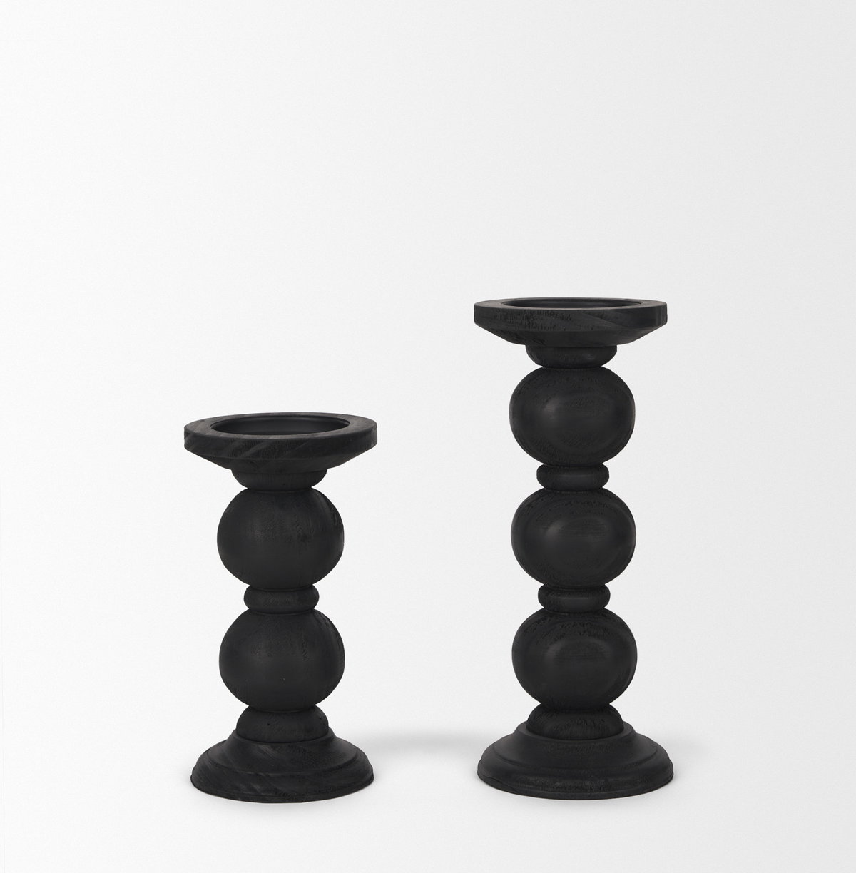Wanda Matte Black Wood Pillar Candle Holders (Set of 2), Candles & Candle Holder by Mercana, 4.75" length x 4.75" width x 11.5" height View 6