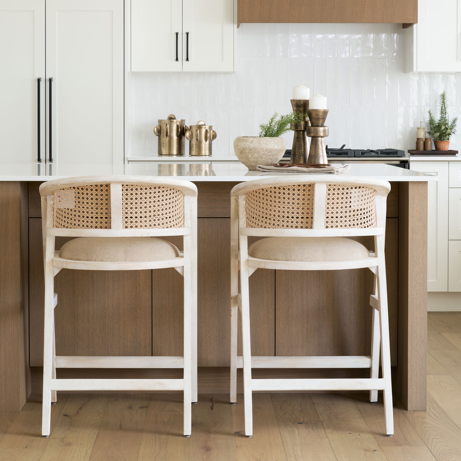 Tabitha 26.75' Seat Height Beige Fabric/Rattan Seat Blonde Wood Frame Counter Stool, Counter & Bar Stool by Mercana, 23.25" length x 22" width x 36.75" height View 2