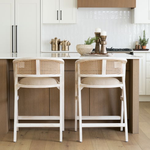 Tabitha 26.75" Seat Height Beige Fabric/Rattan Seat Blonde Wood Frame Counter Stool