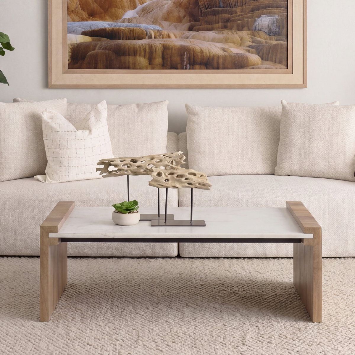 Athens   Light Brown Wood and White Marble Coffee Table, by Mercana, 48" length x 28" width x 16" height View 3