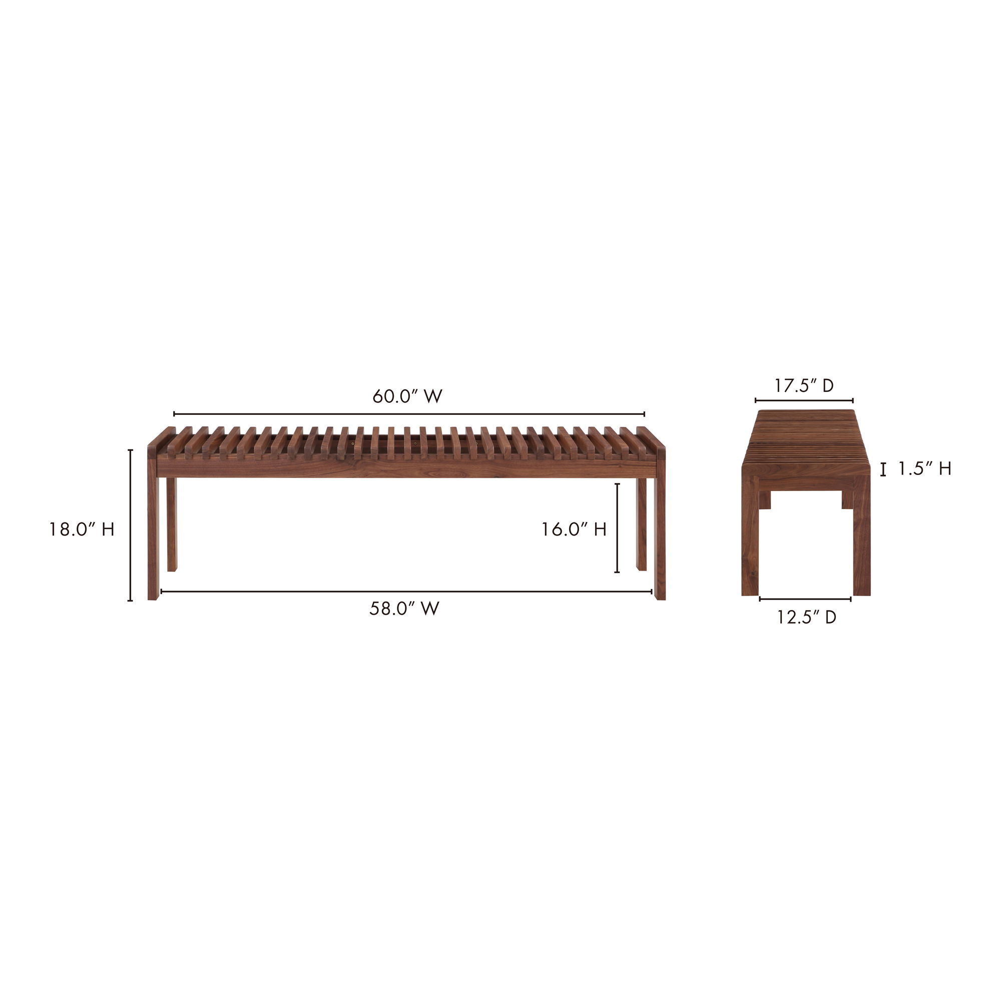 Rohe Bench Walnut Brown, Benche by Moe's Home, 60" width x 18.11" height x 17.5" depth View 8
