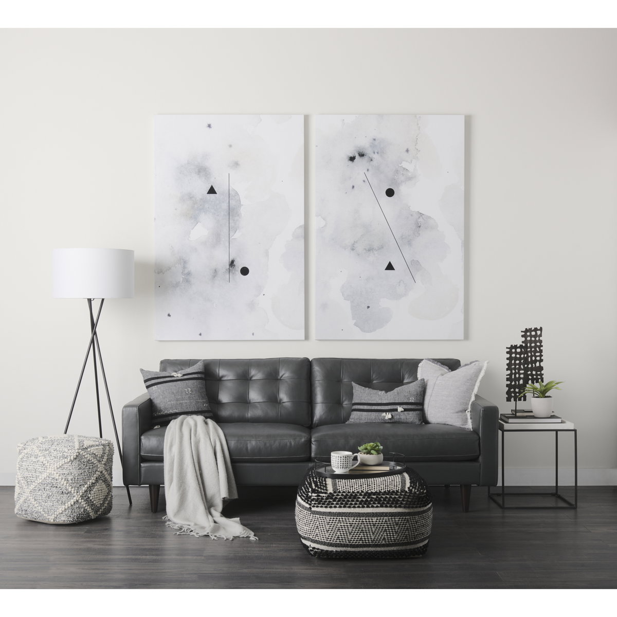 Garima   Black/White Wool and Cotton Patterned Pouf, Ottoman by Mercana, 22" length x 22" width x 14" height View 2