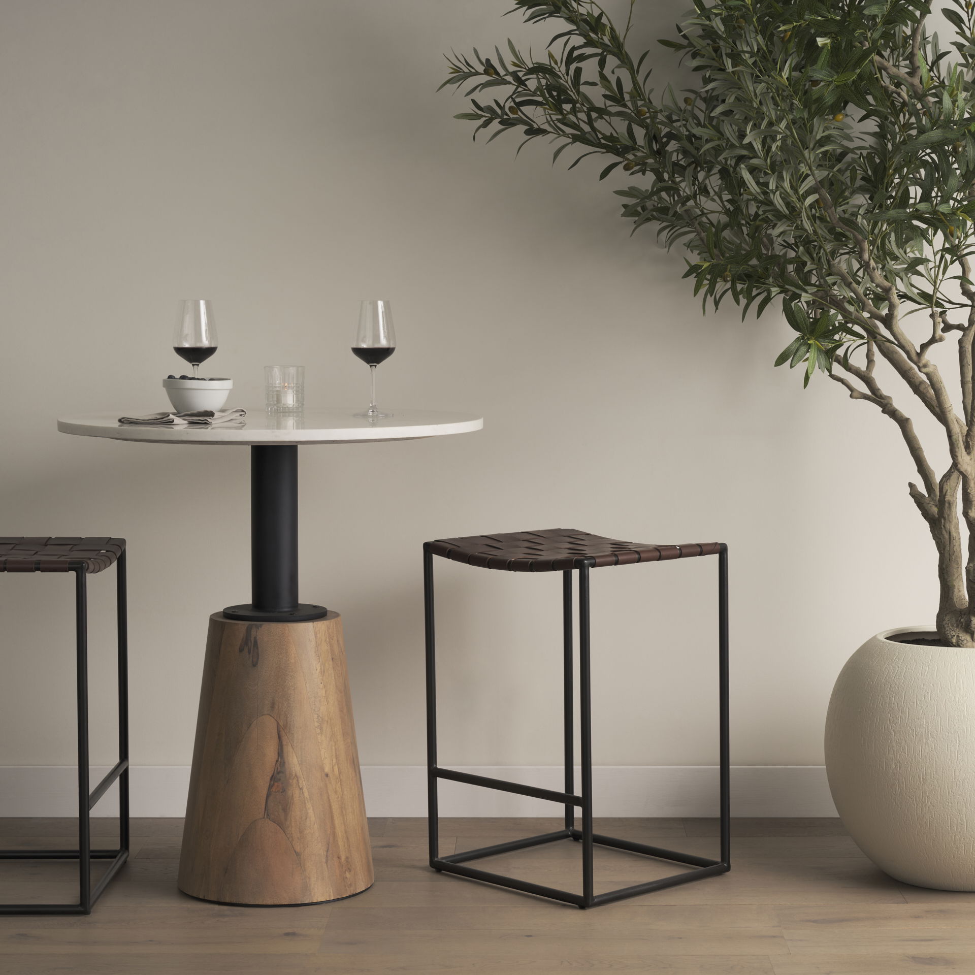 Clarissa 18.0L x 16.0W x 26.25H Dark Brown Woven Leather Seat with Black Iron Frame Counter Stool large image 