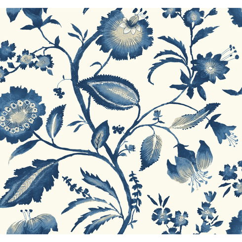 Watercolor Jacobean Blue & White Wallpaper
