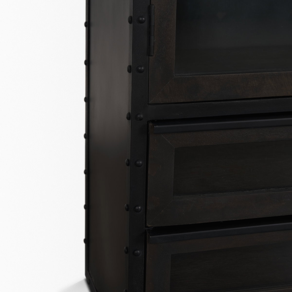 Gehry 72.3' H Dark Brown Metal Brown Wood and Glass Door Display Cabinet, Cabinets & Sideboard by Mercana, 33.25" length x 16.25" width x 72.25" height View 11
