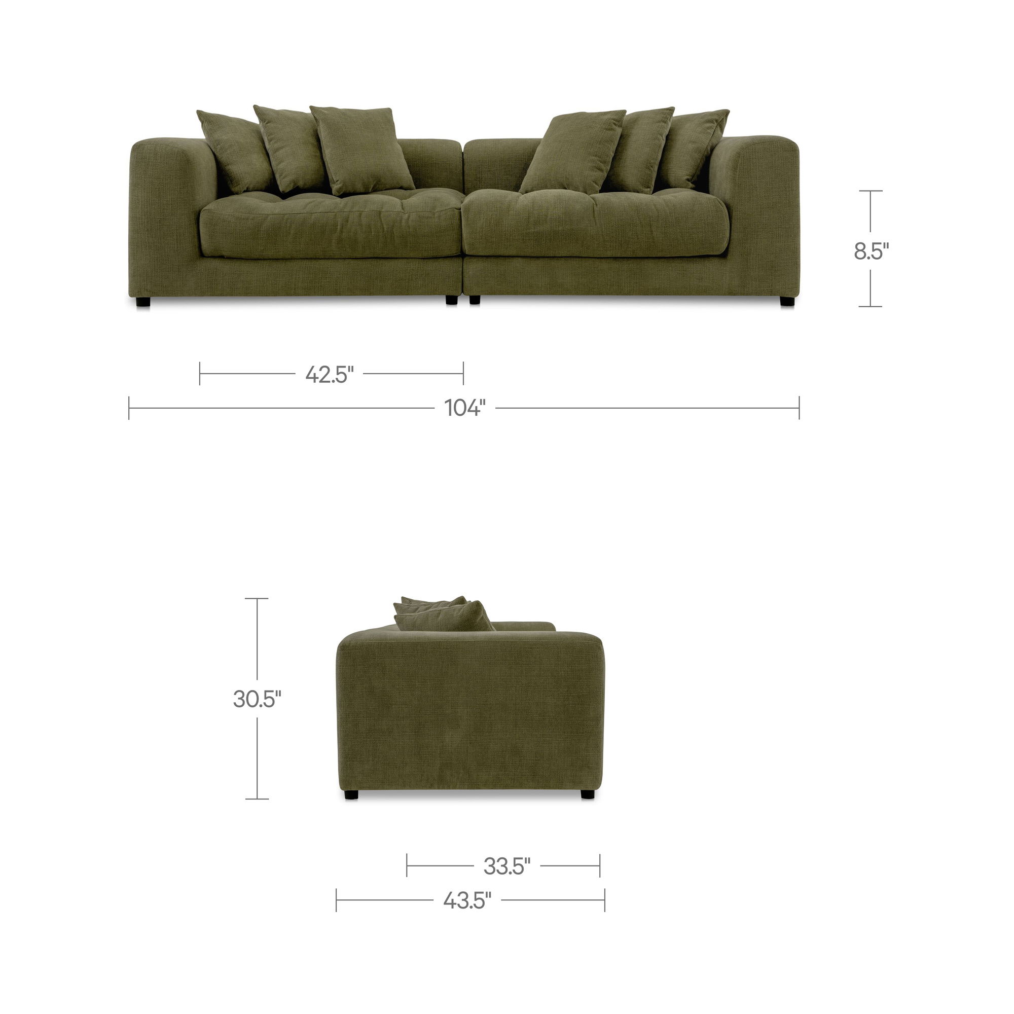 Davie Sofa Olive, Sofas & Sectional by Moe's Home, 104" width x 30.7" height x 43.3" depth View 10