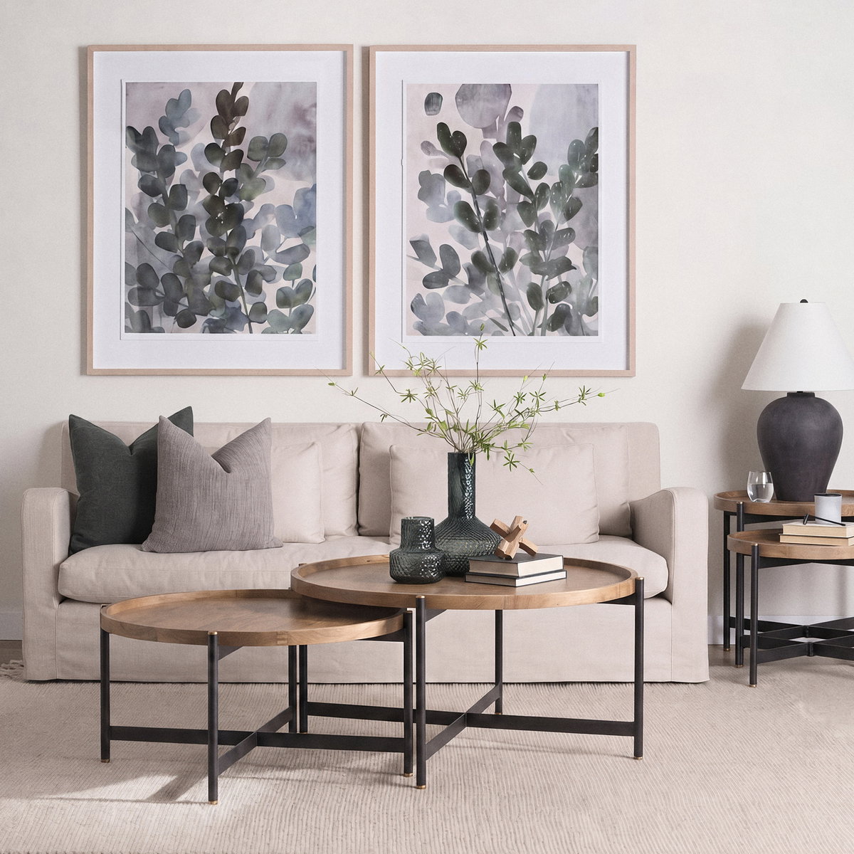 Marquisa 34.25' Round Small Brown Wood with Black Metal Coffee Table, by Mercana, 34.25" length x 34.25" width x 16.5" height View 2