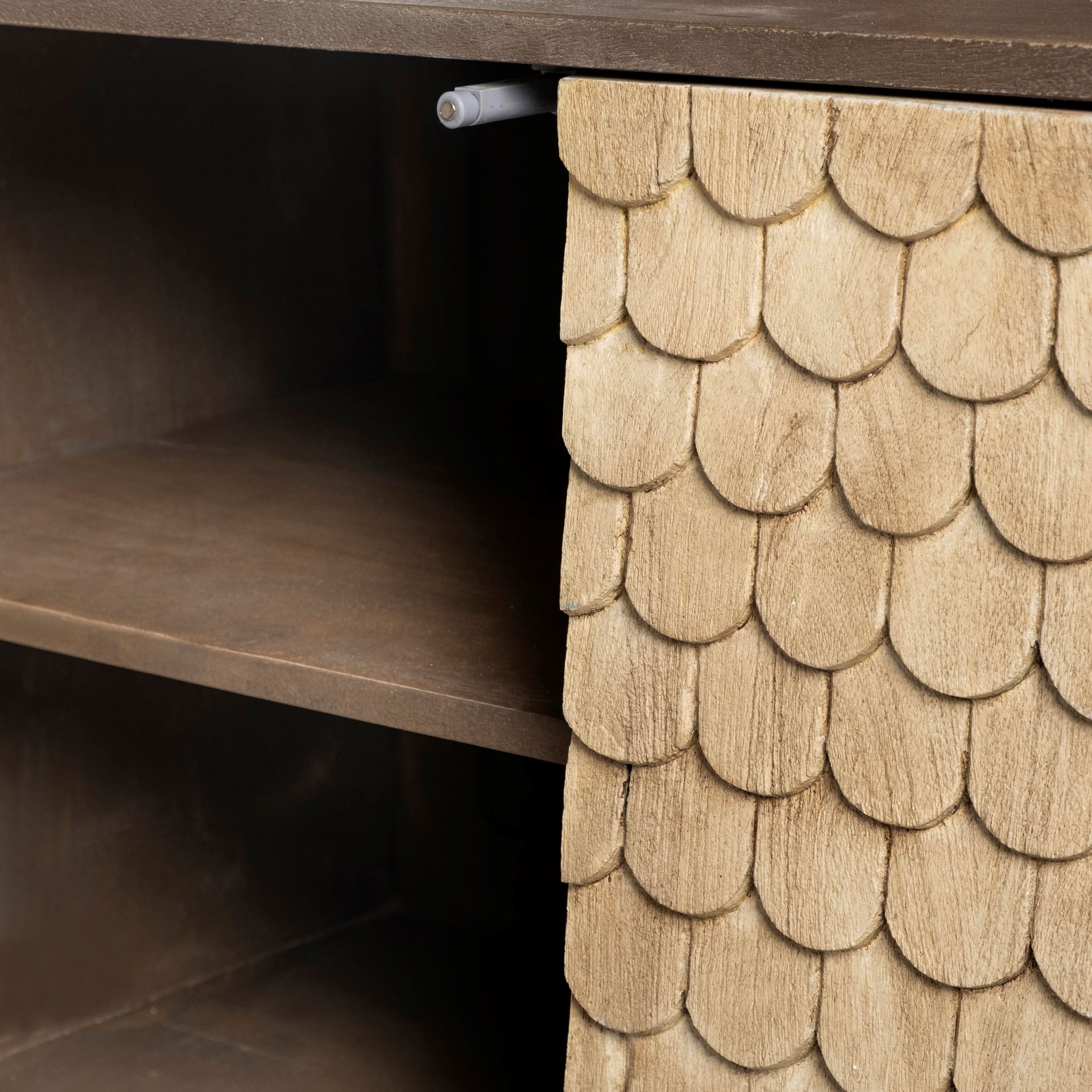 Swordfish 72L x 19W  x 30.25H Two-Tone Brown Wood Cabinet Silver Metal Base 4 Cabinet Door Sideboard, Sideboards & Buffet by Mercana, 72" length x 19" width x 30.12" height View 9