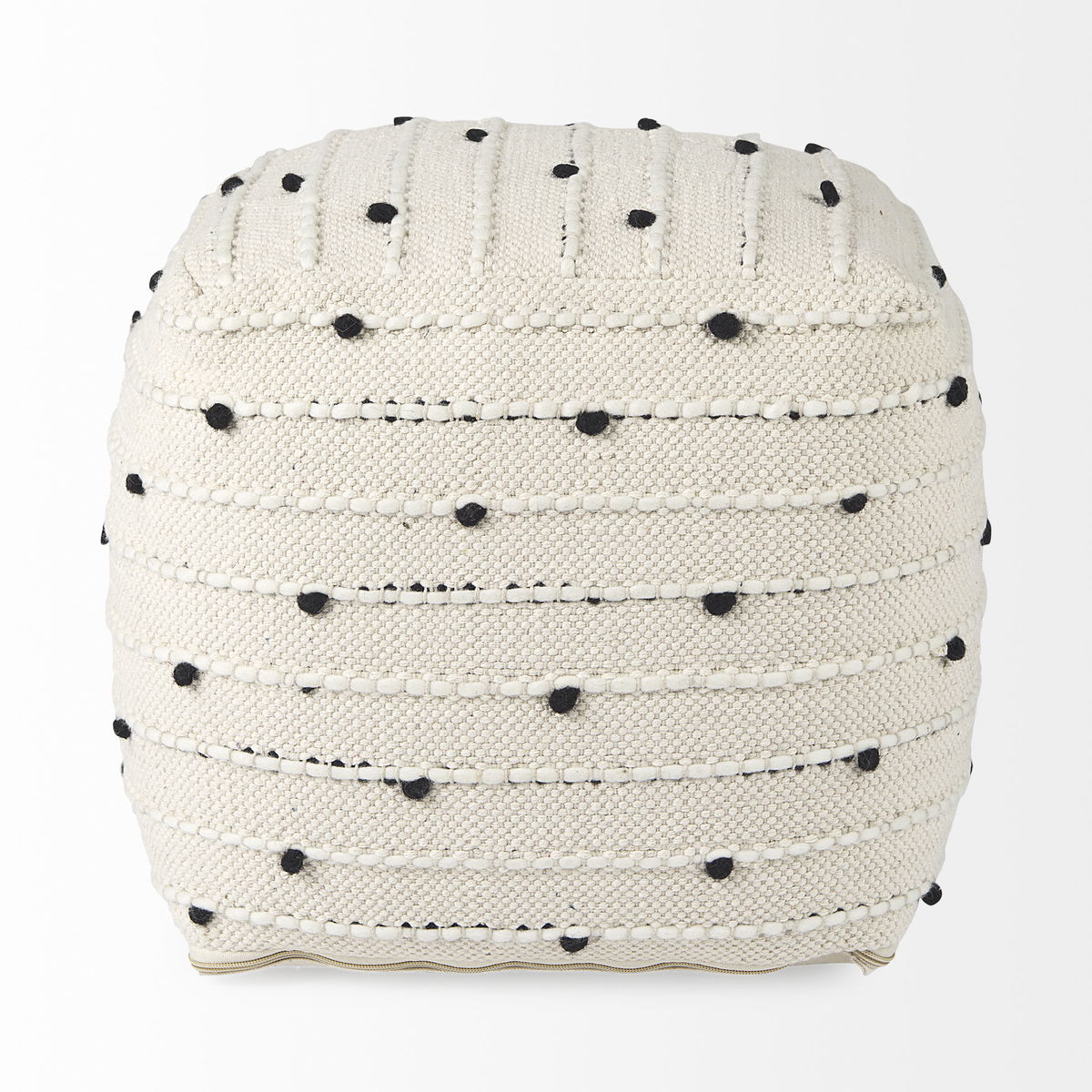 Amaira  Cream/Black/White patterned Wool and Cotton Pouf, Ottoman by Mercana, 16" length x 16" width x 16" height View 5