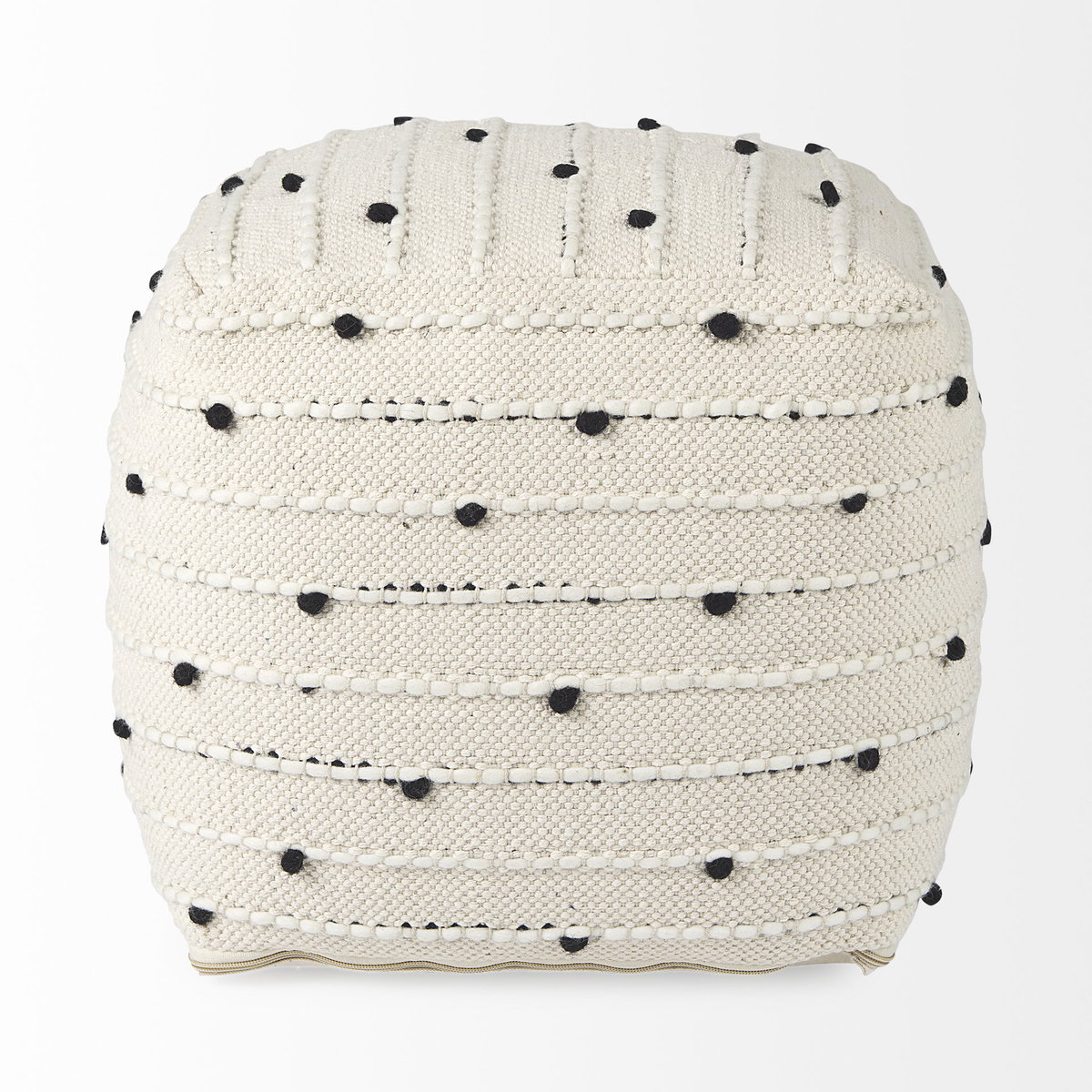 Amaira  Cream/Black/White patterned Wool and Cotton Pouf, Ottoman by Mercana, 16" length x 16" width x 16" height View 5