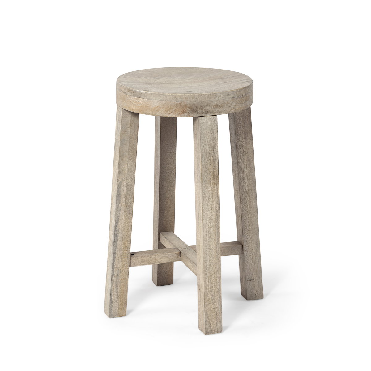 Brahma Backless 26in Seat Counter Stool | White Washed Wood, Counter & Bar Stool by Mercana, 14.5" length x 14.5" width x 26" height View 1