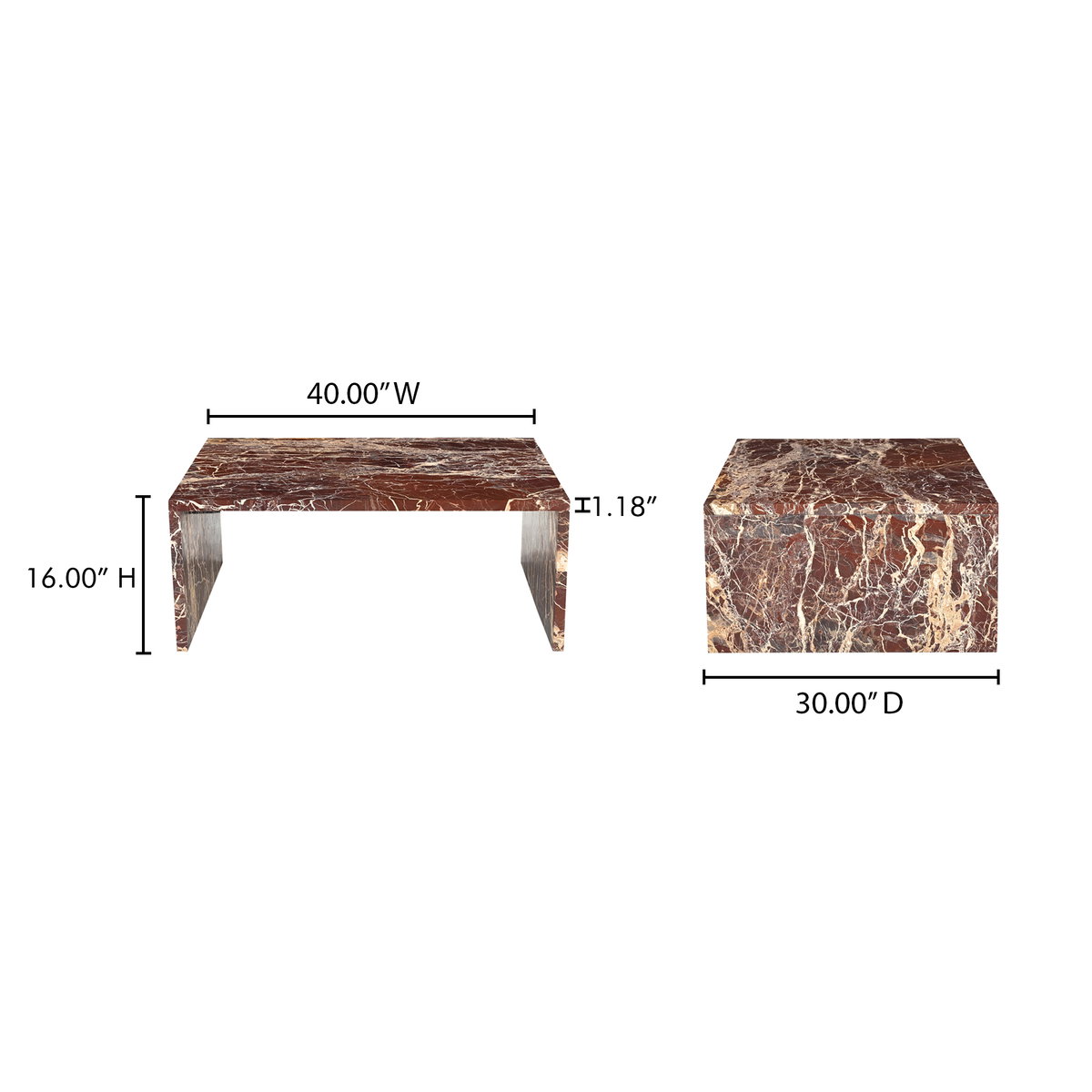 Rosa Coffee Table Rosso Levanto Marble, by Moe's Home, 40" width x 16" height x 30" depth View 14