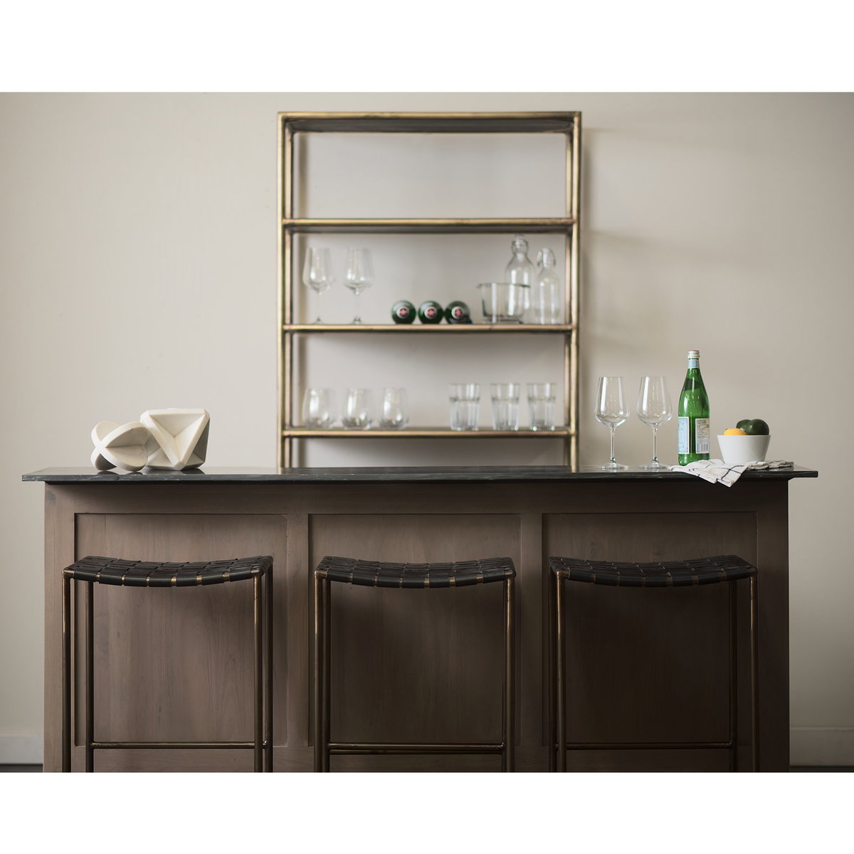 Clarissa Backless 30.25in Seat Bar Stool | Black Leather with Gold Metal, Counter & Bar Stool by Mercana, 18" length x 16" width x 30" height View 2