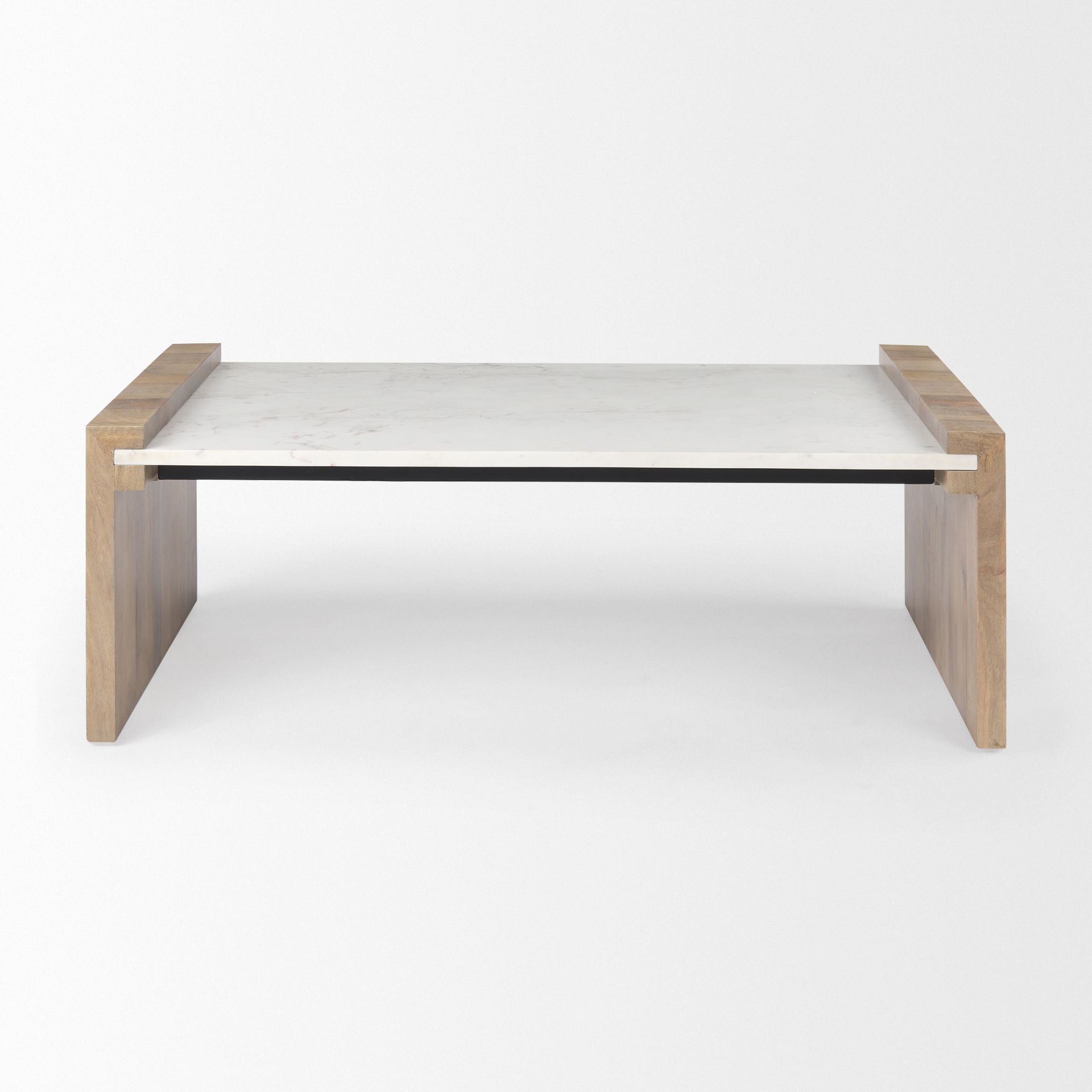 Athens   Light Brown Wood and White Marble Coffee Table, by Mercana, 48" length x 28" width x 16" height View 3