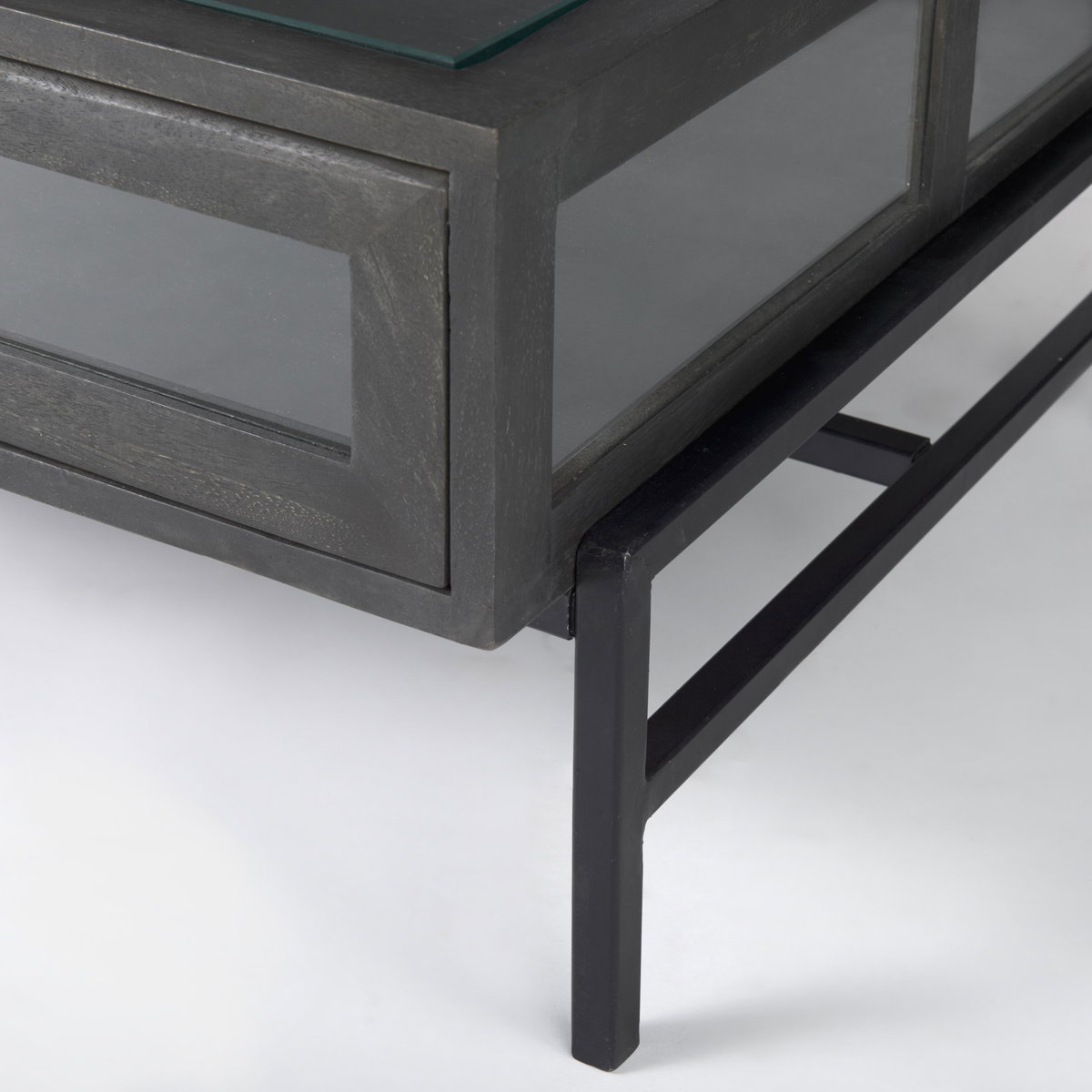 Arelius 49.5'L Rectangular Glass-Top Black-Brown Wood with Black Metal Base Display Coffee Table, by Mercana, 49.5" length x 28" width x 15" height View 10