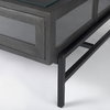 Arelius 49.5'L Rectangular Glass-Top Black-Brown Wood with Black Metal Base Display Coffee Table, by Mercana, 49.5" length x 28" width x 15" height thumbnail 10