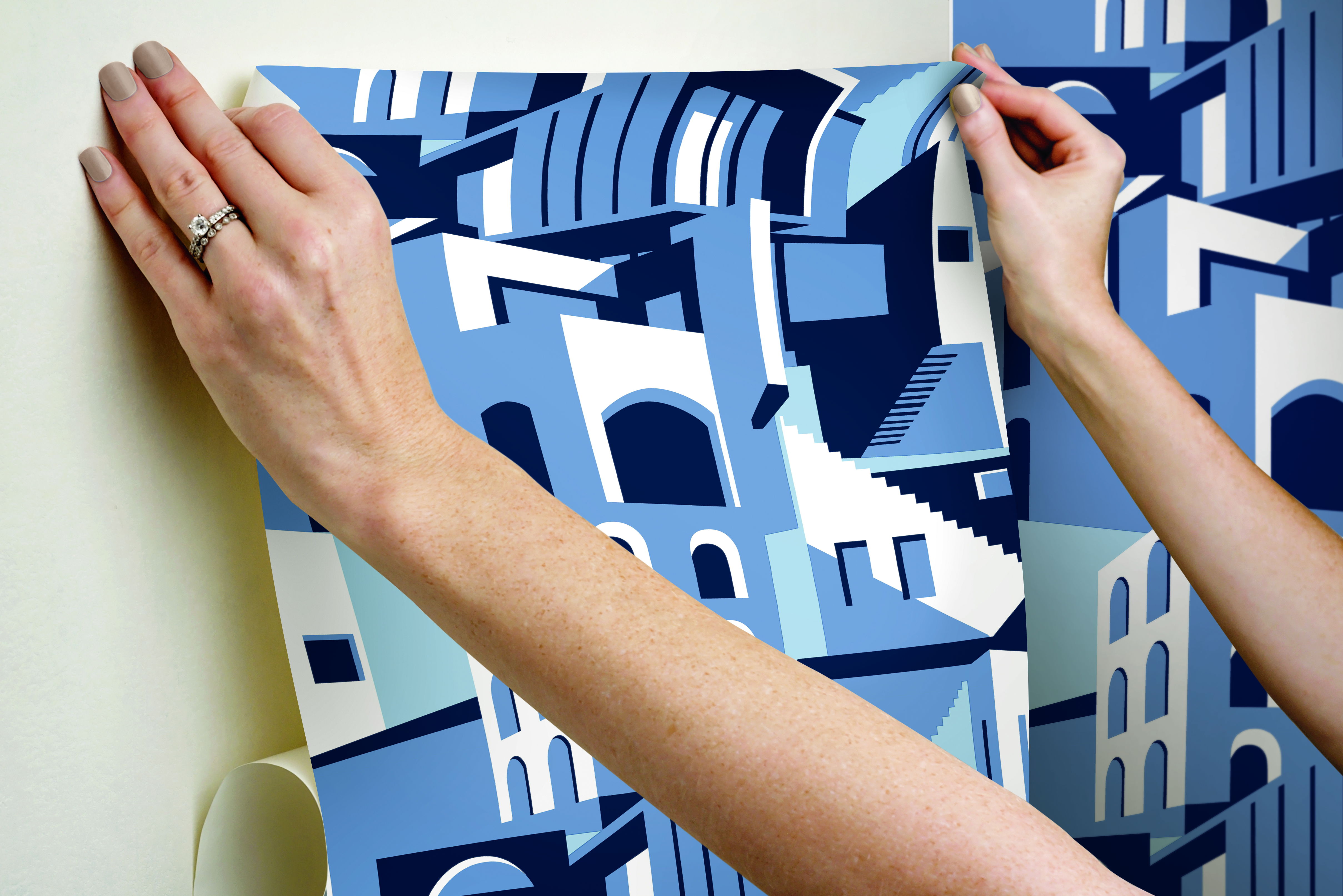 Arch Architectural Blue Peel & Stick Wallpaper large image 